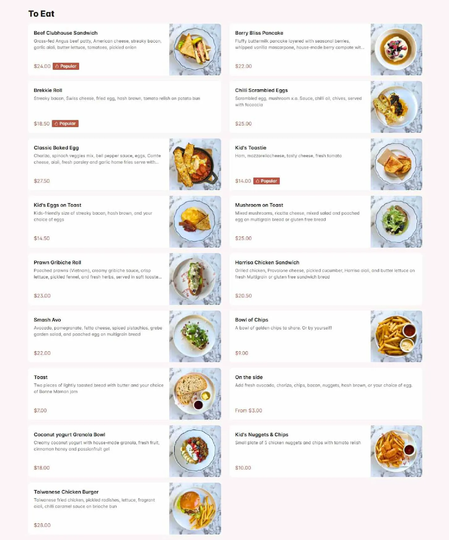 Ellis' Belly menu, page 1