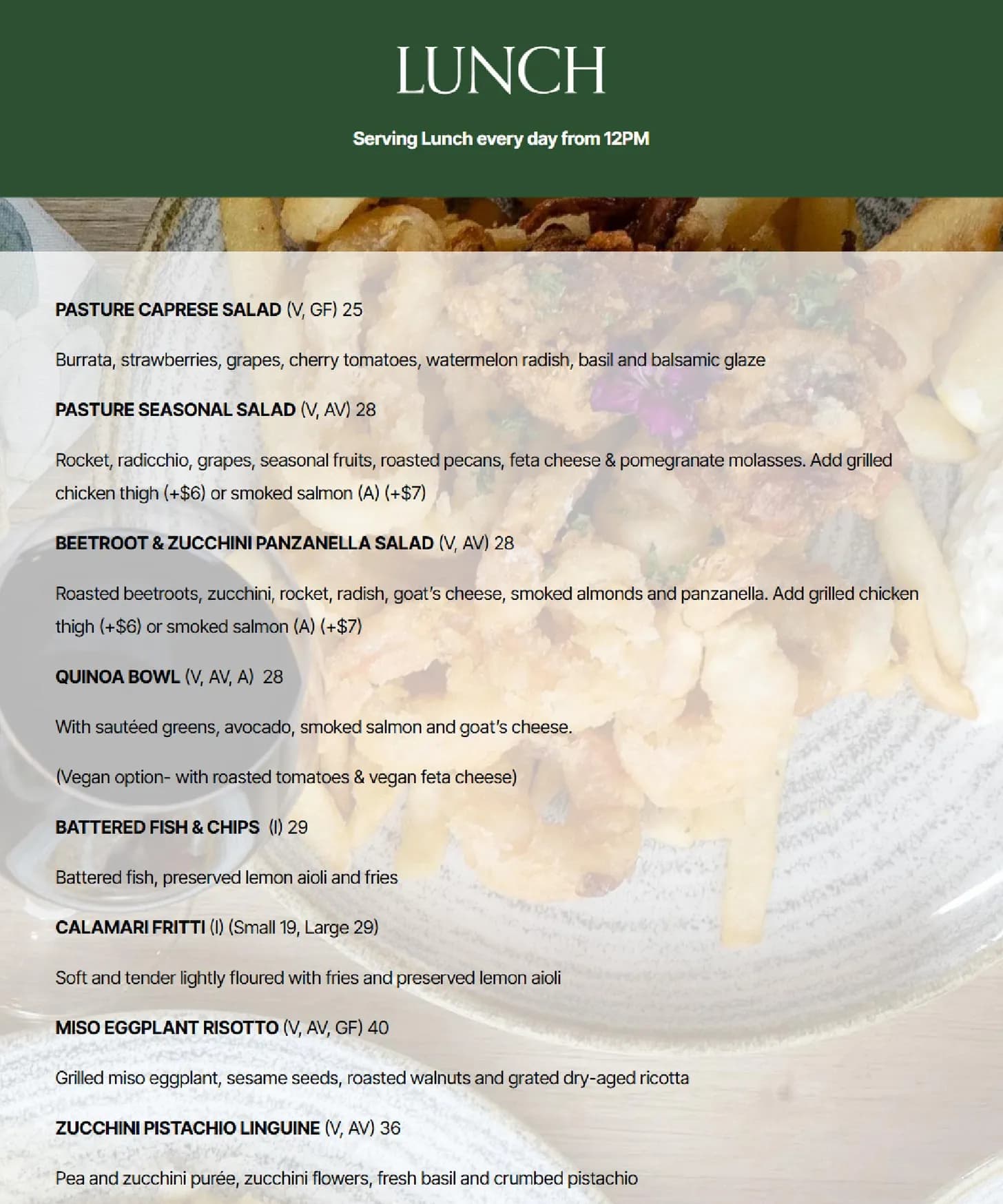 Pasture of Balmoral menu, page 1