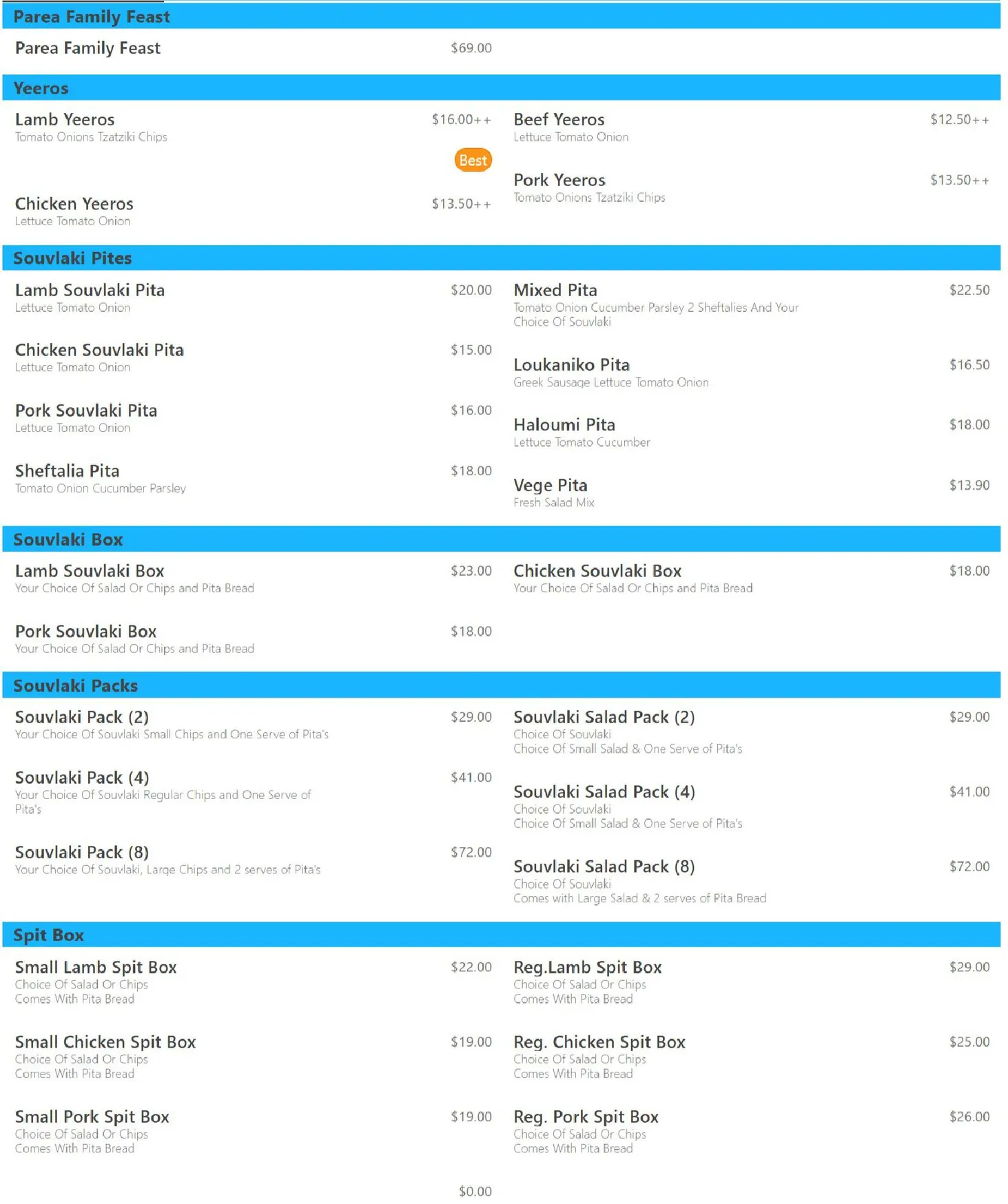 Parea Greek Tavern menu, page 1