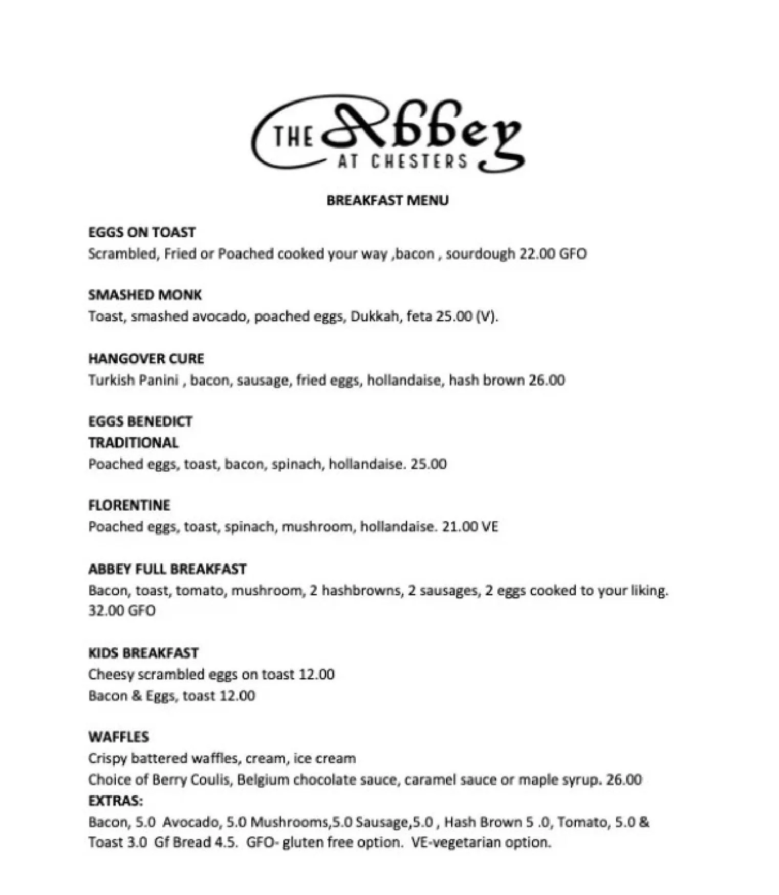 The Abbey at Chesters menu, page 1