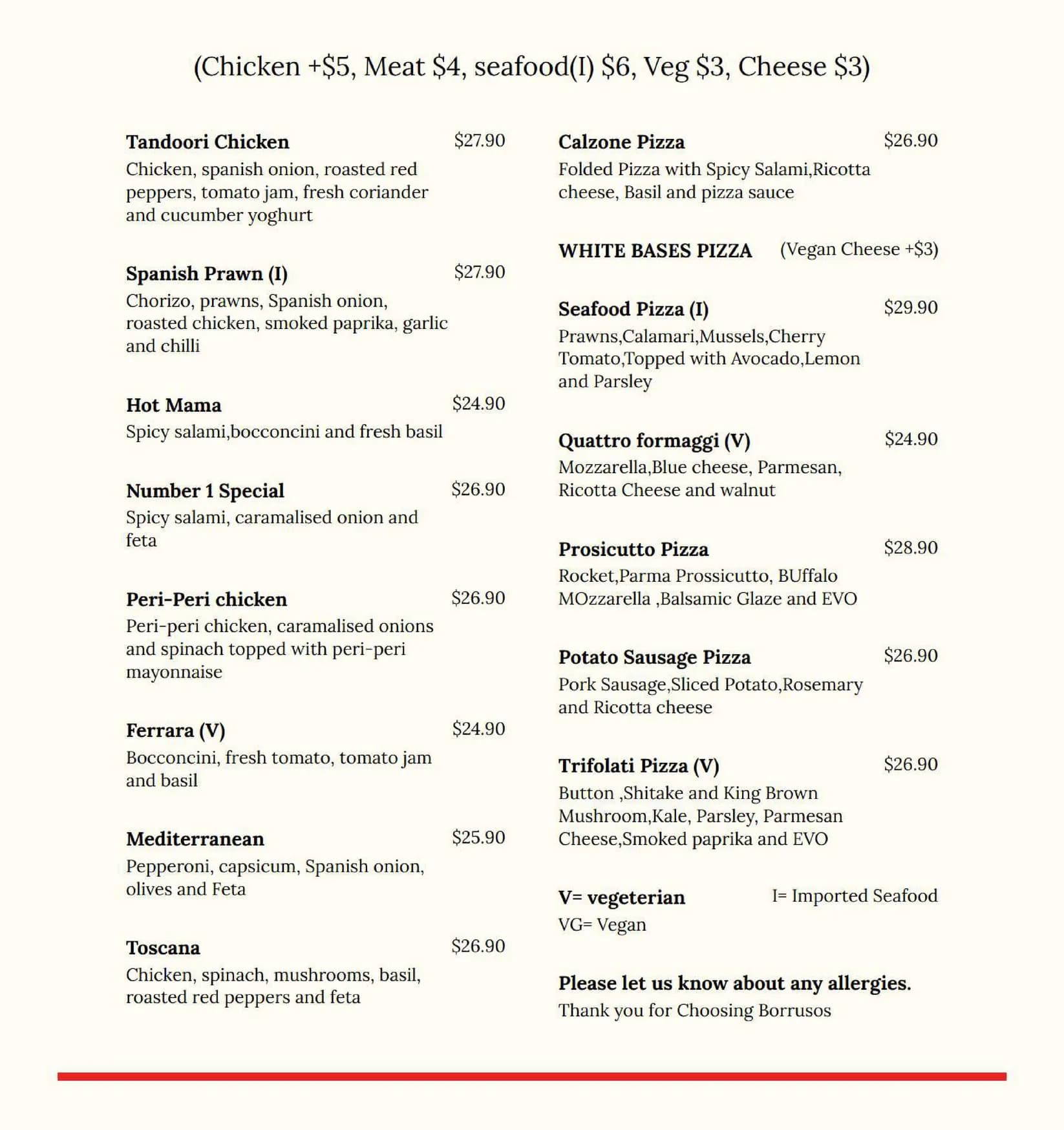 Borruso's Crows Nest menu, page 4