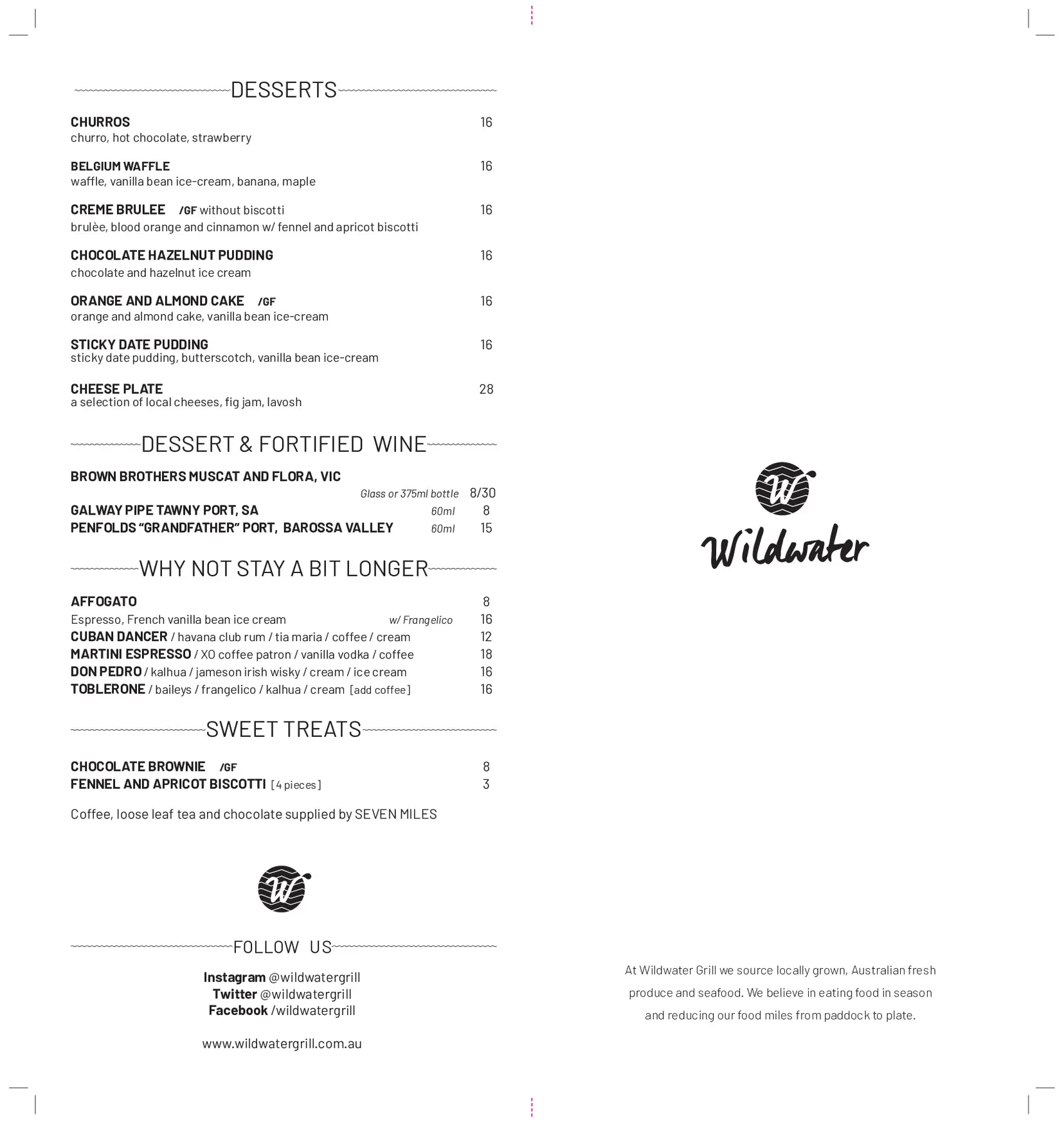 Wildwater Grill menu, page 1