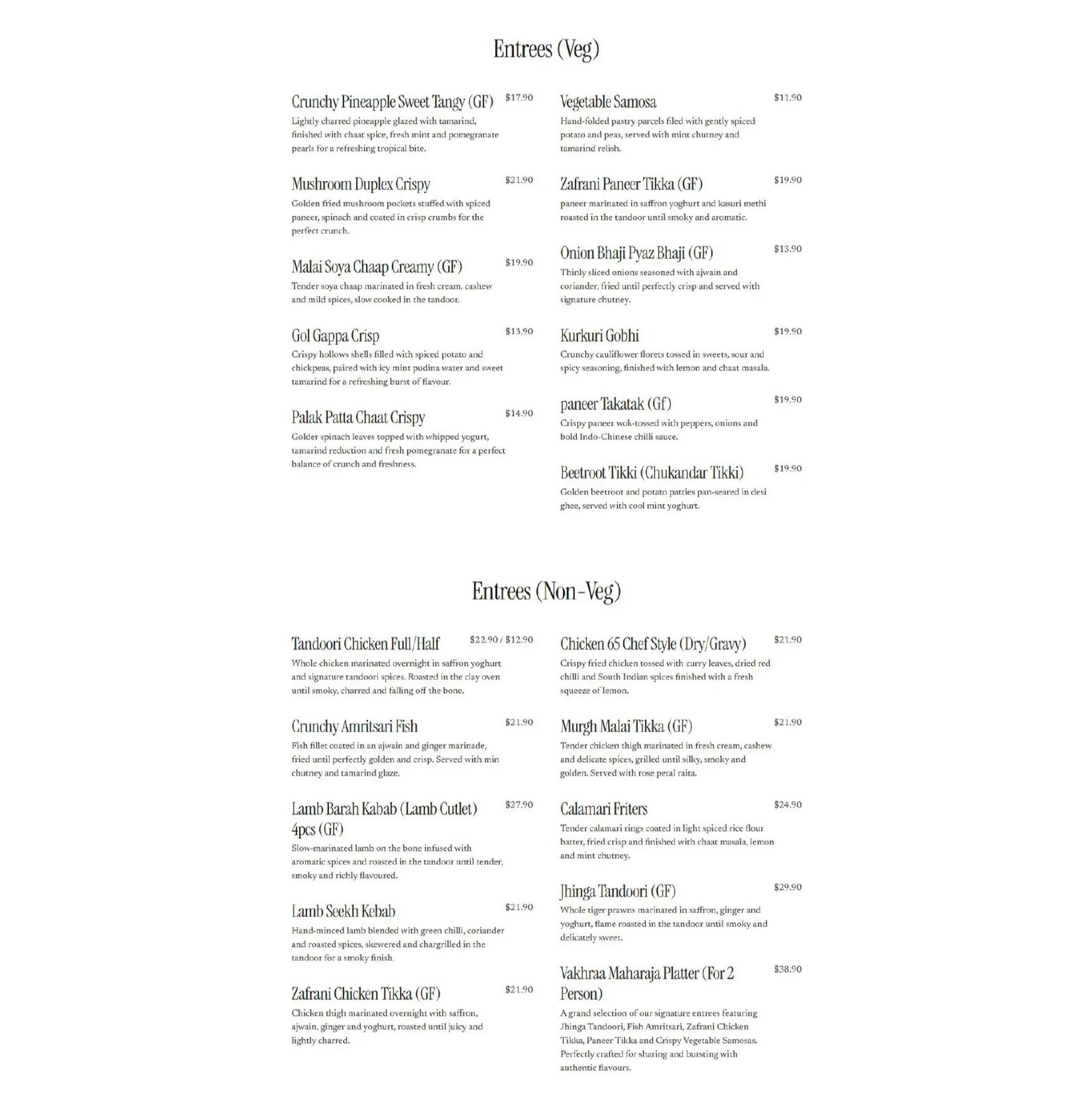 Vakhraa Modern India menu, page 1