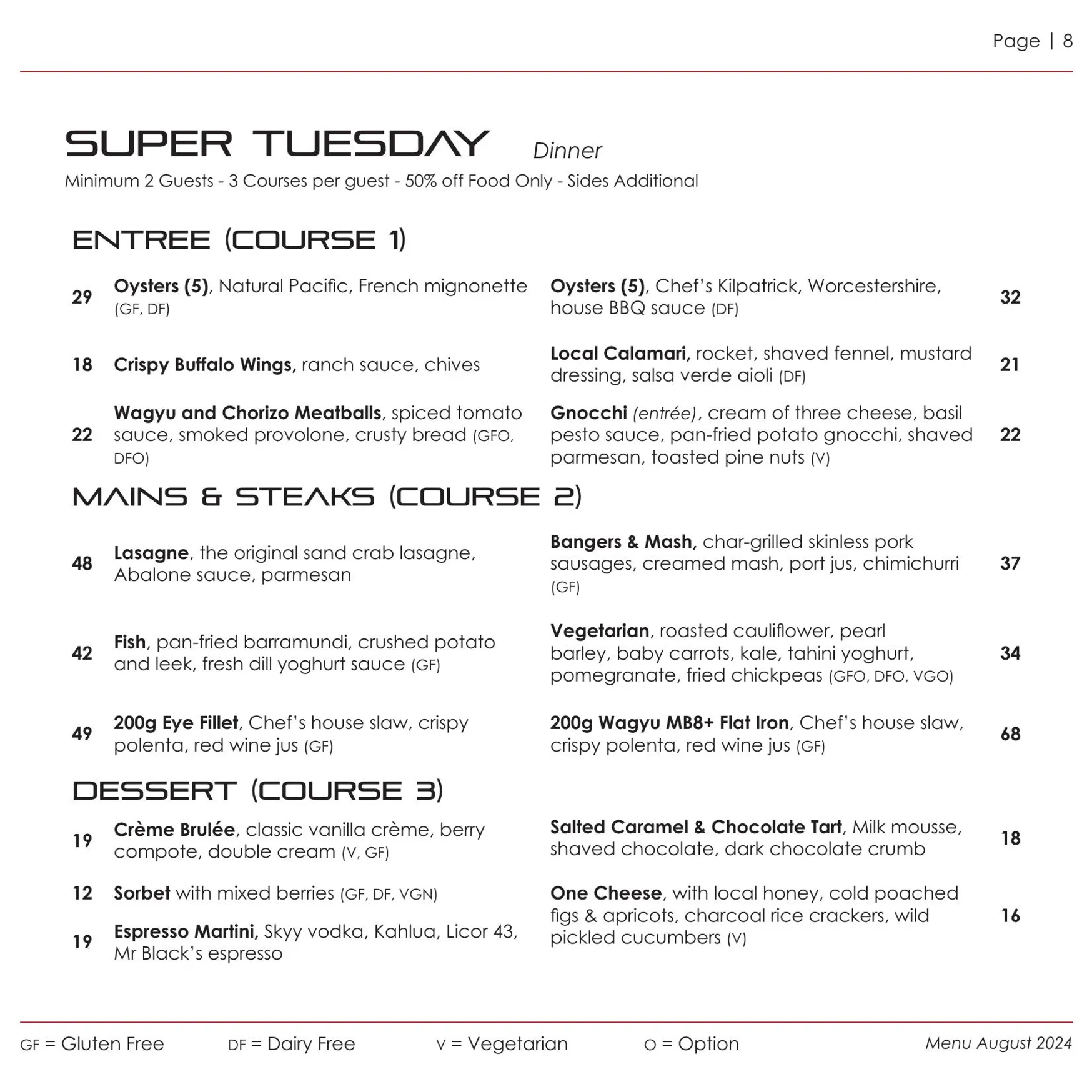 Red's Kitchen & Bar menu, page 1