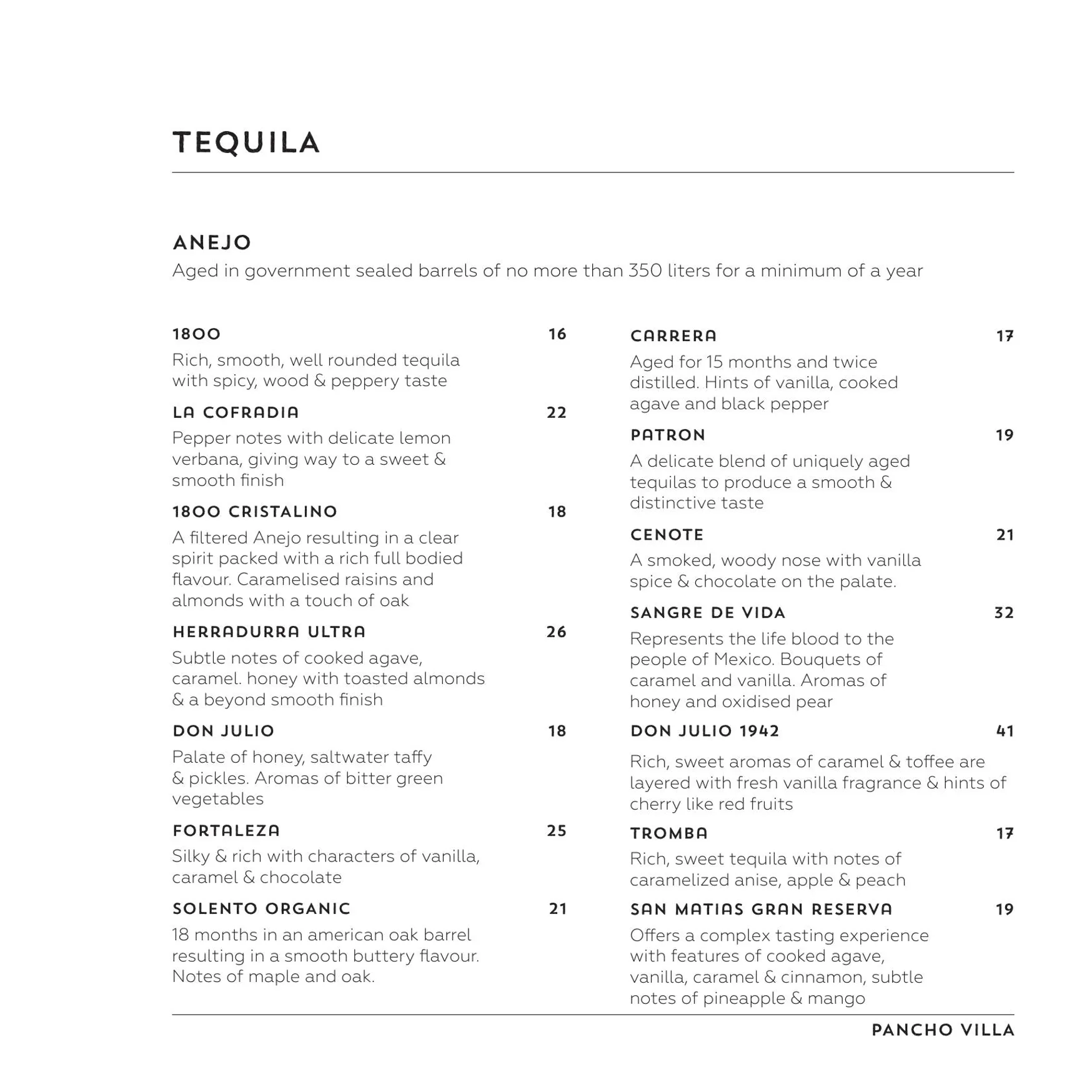 Pancho Villa menu, page 19