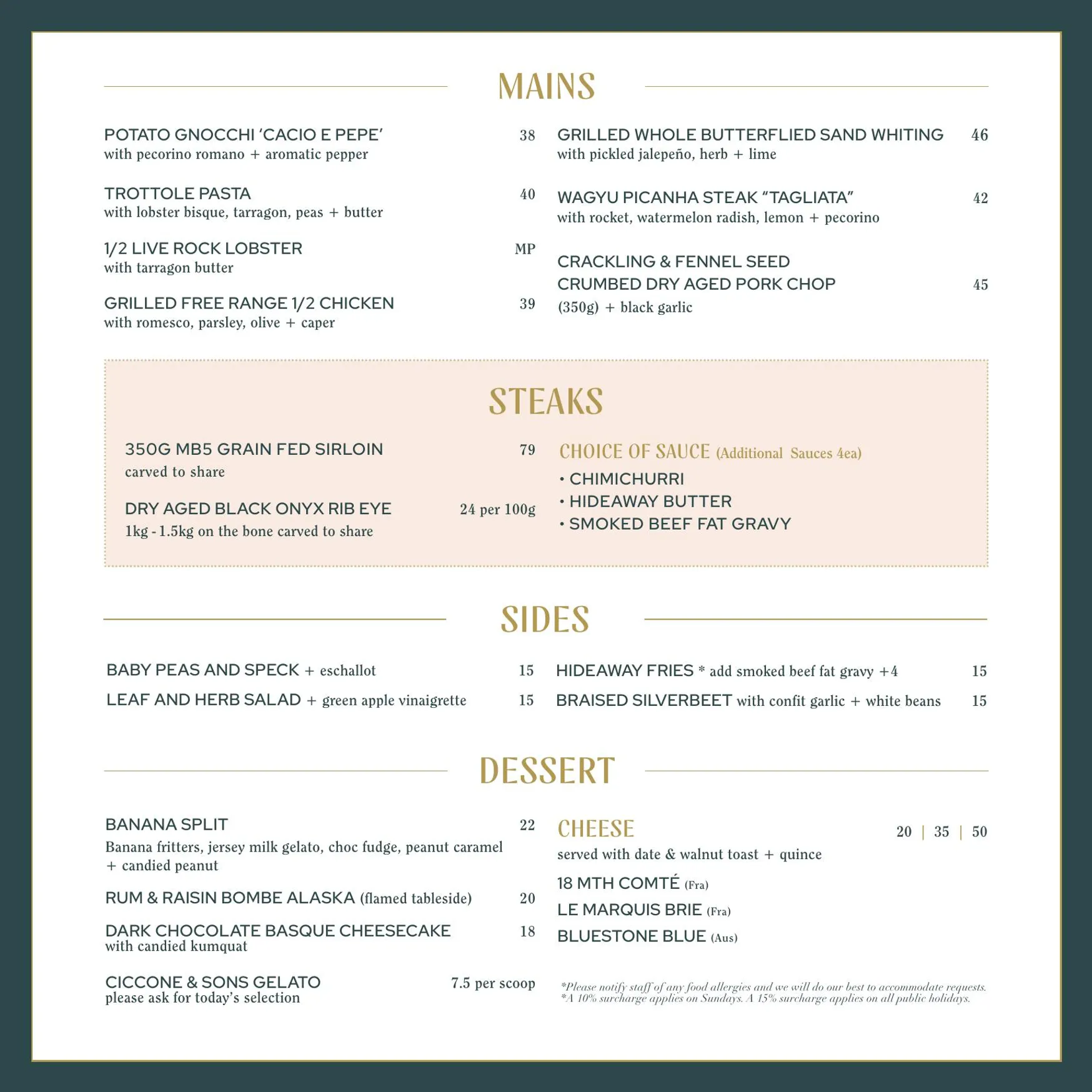 The Hideaway menu, page 2