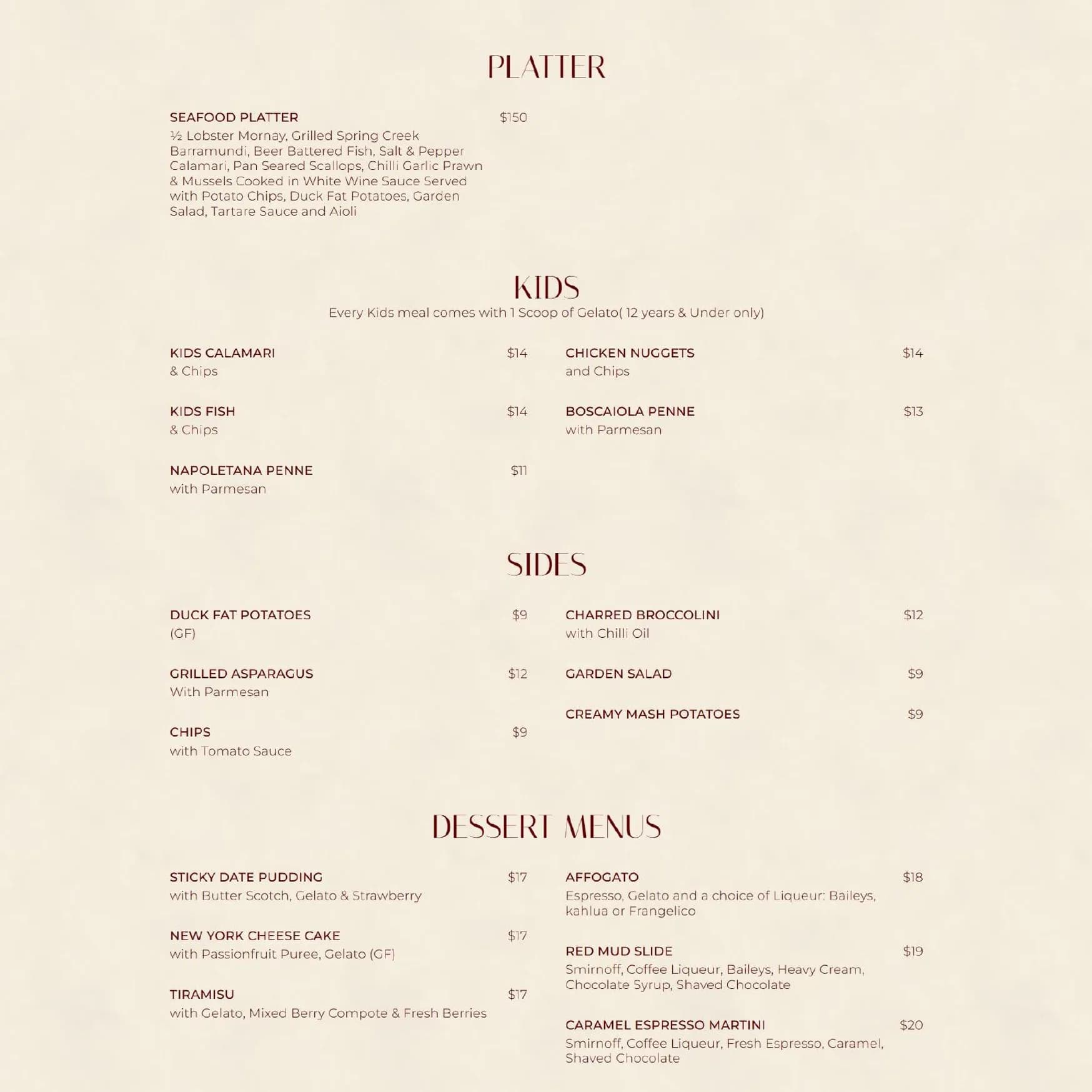 Surf n Turf menu, page 2