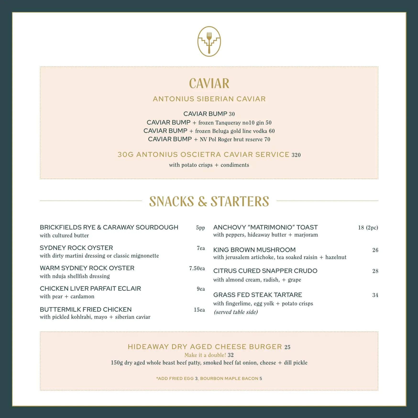 The Hideaway menu, page 1
