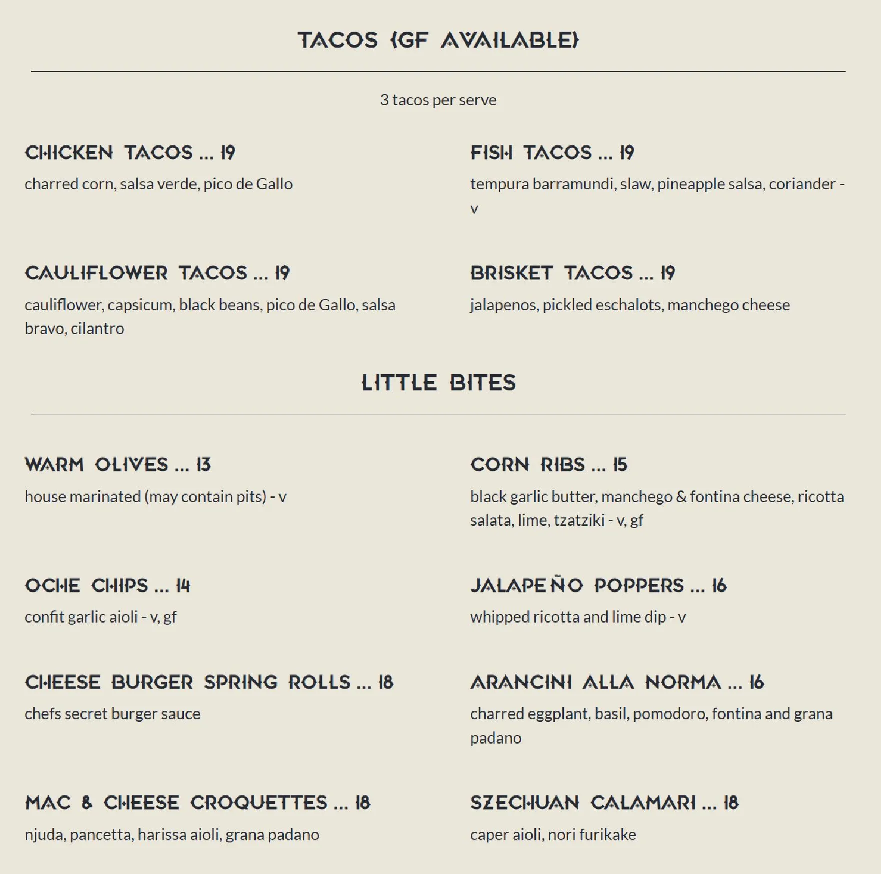 Oche Melbourne menu, page 2
