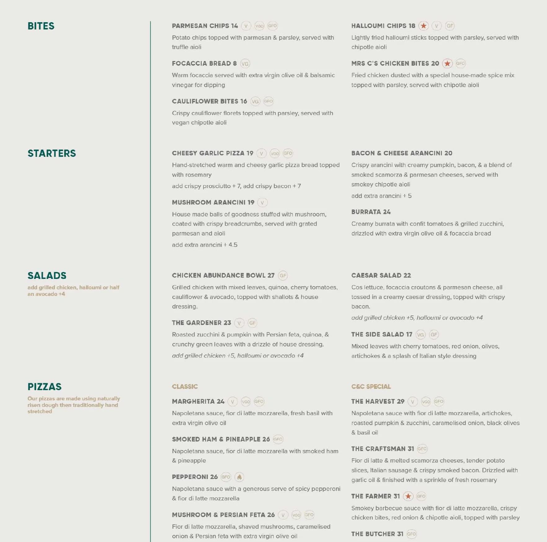 Corbett & Claude menu, page 1