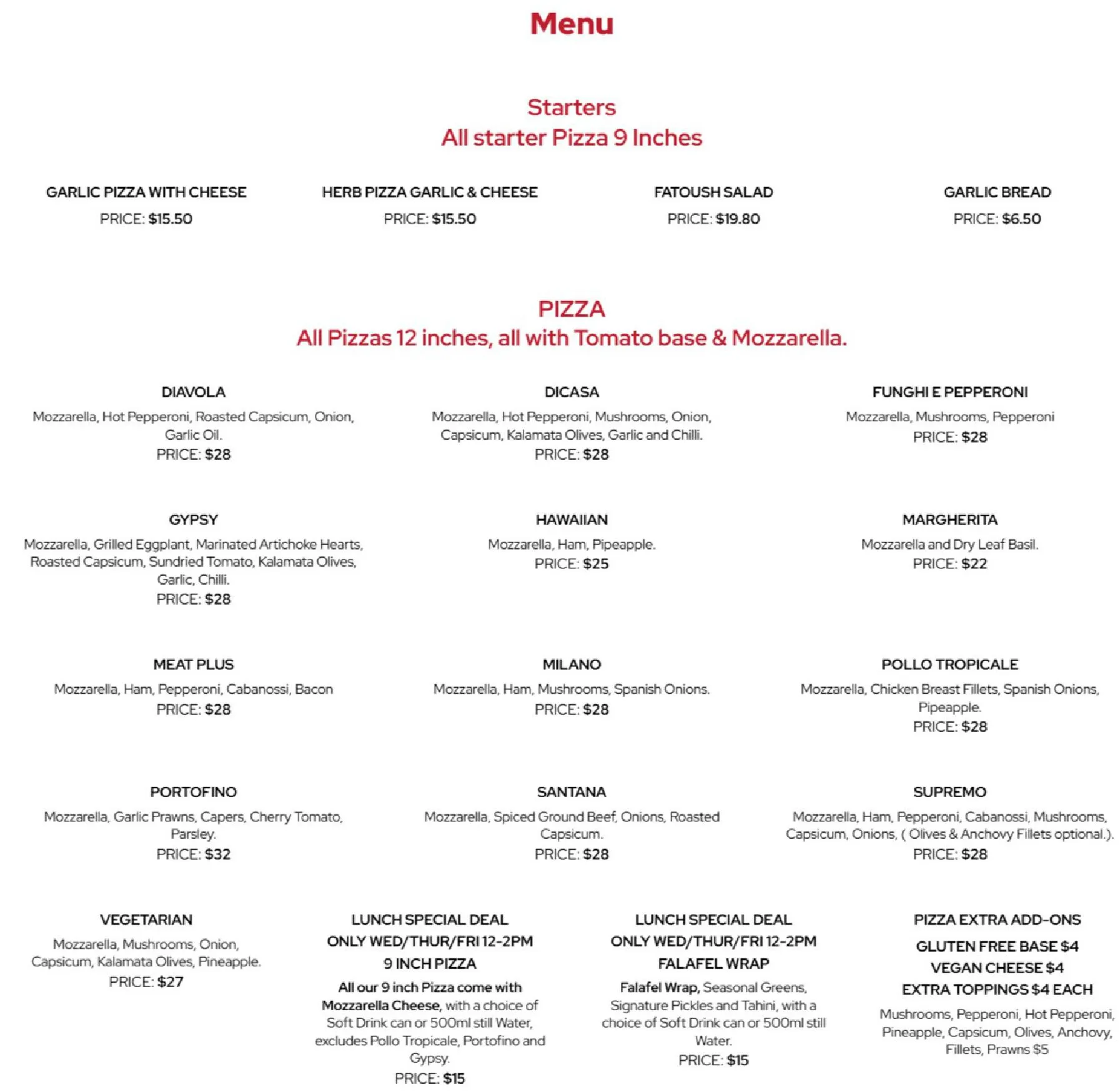 Killarney Pizza Tapas Wine Bar menu, page 1