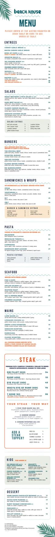 Beach House menu, page 1