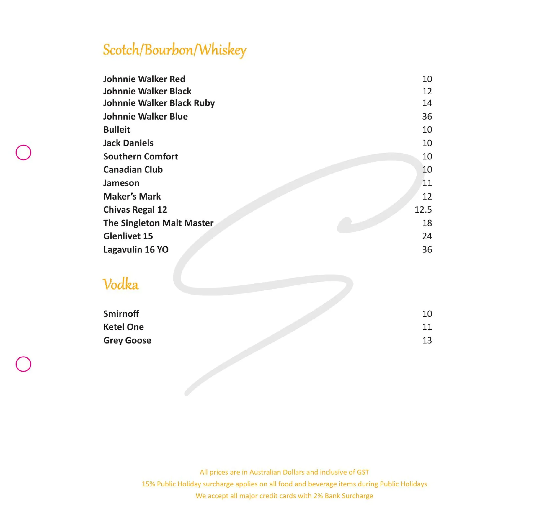 Signature Restaurant menu, page 9
