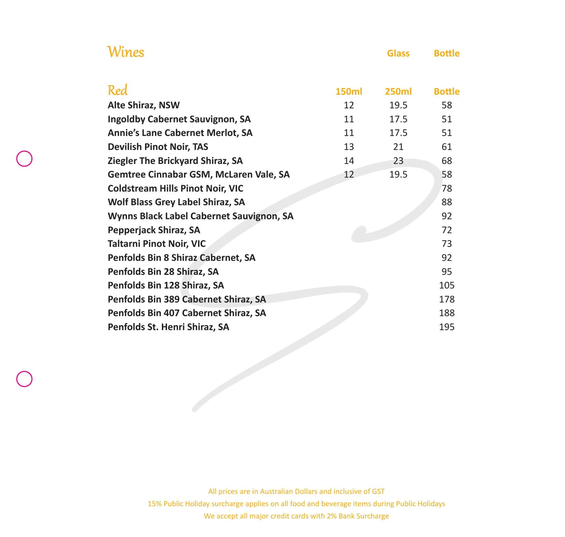 Signature Restaurant menu, page 7