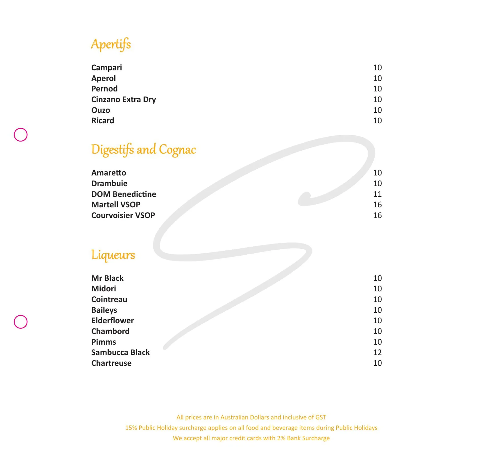 Signature Restaurant menu, page 11