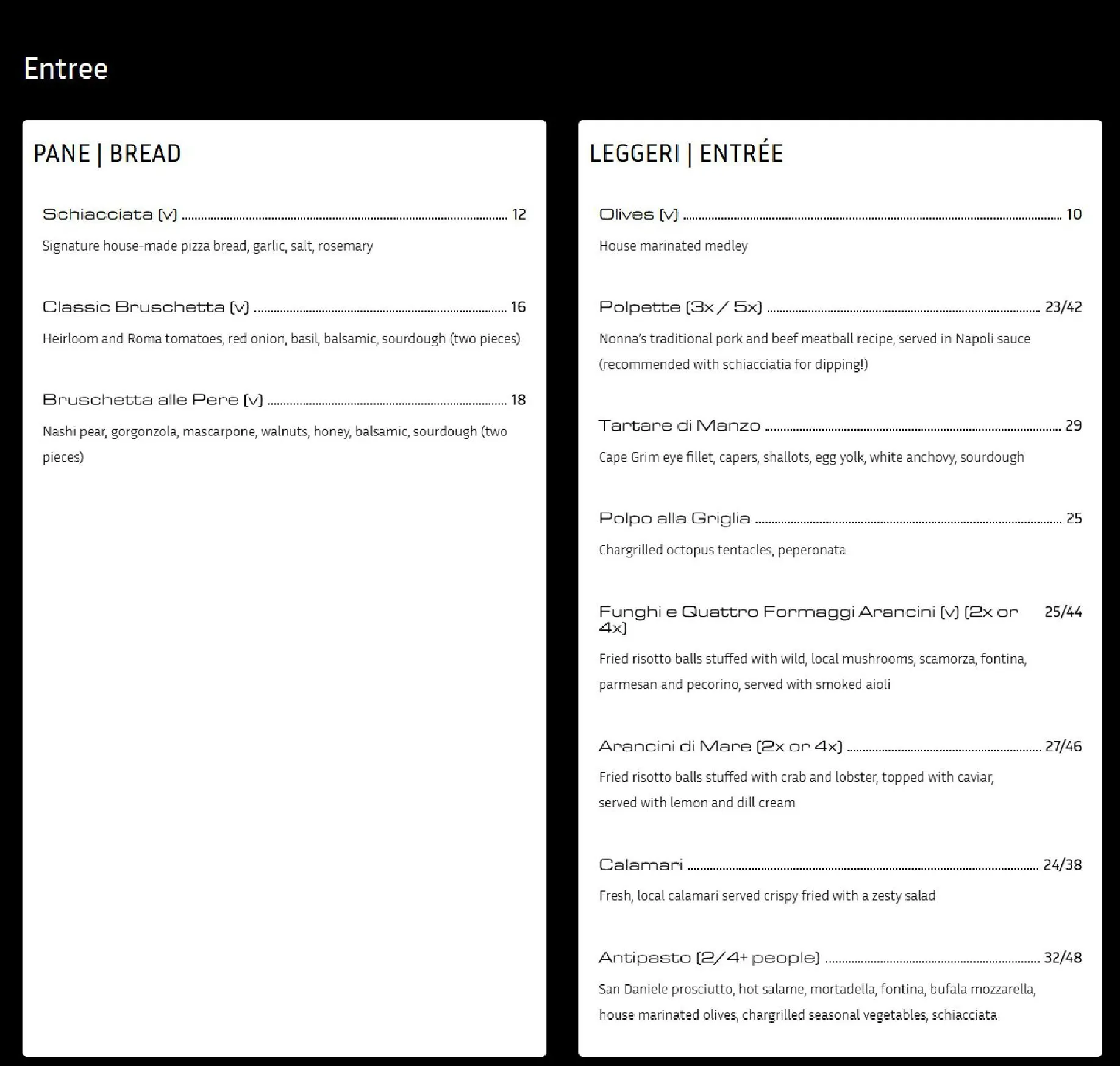 Piccolo Cucina menu, page 1