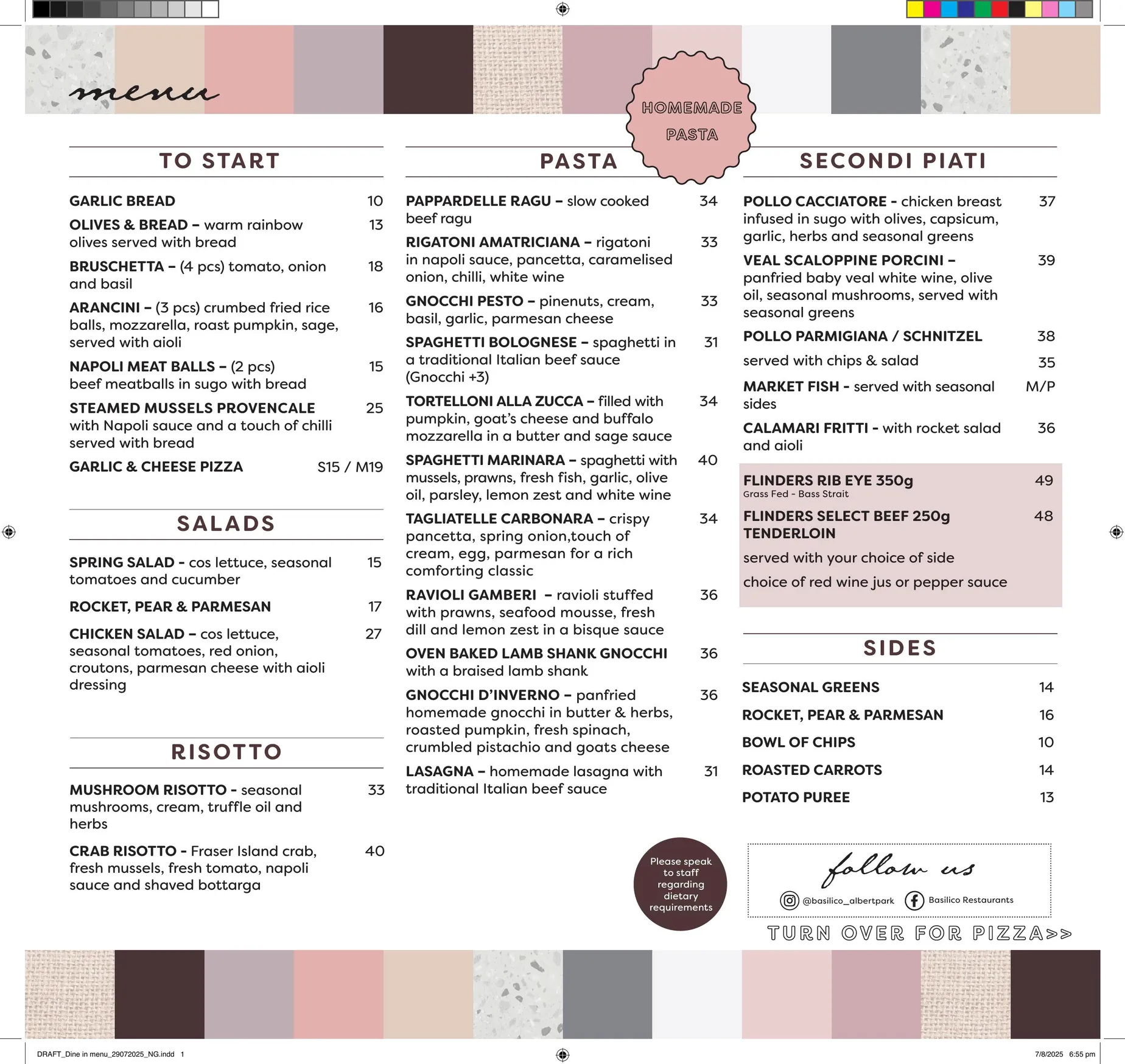 Basilico menu, page 1