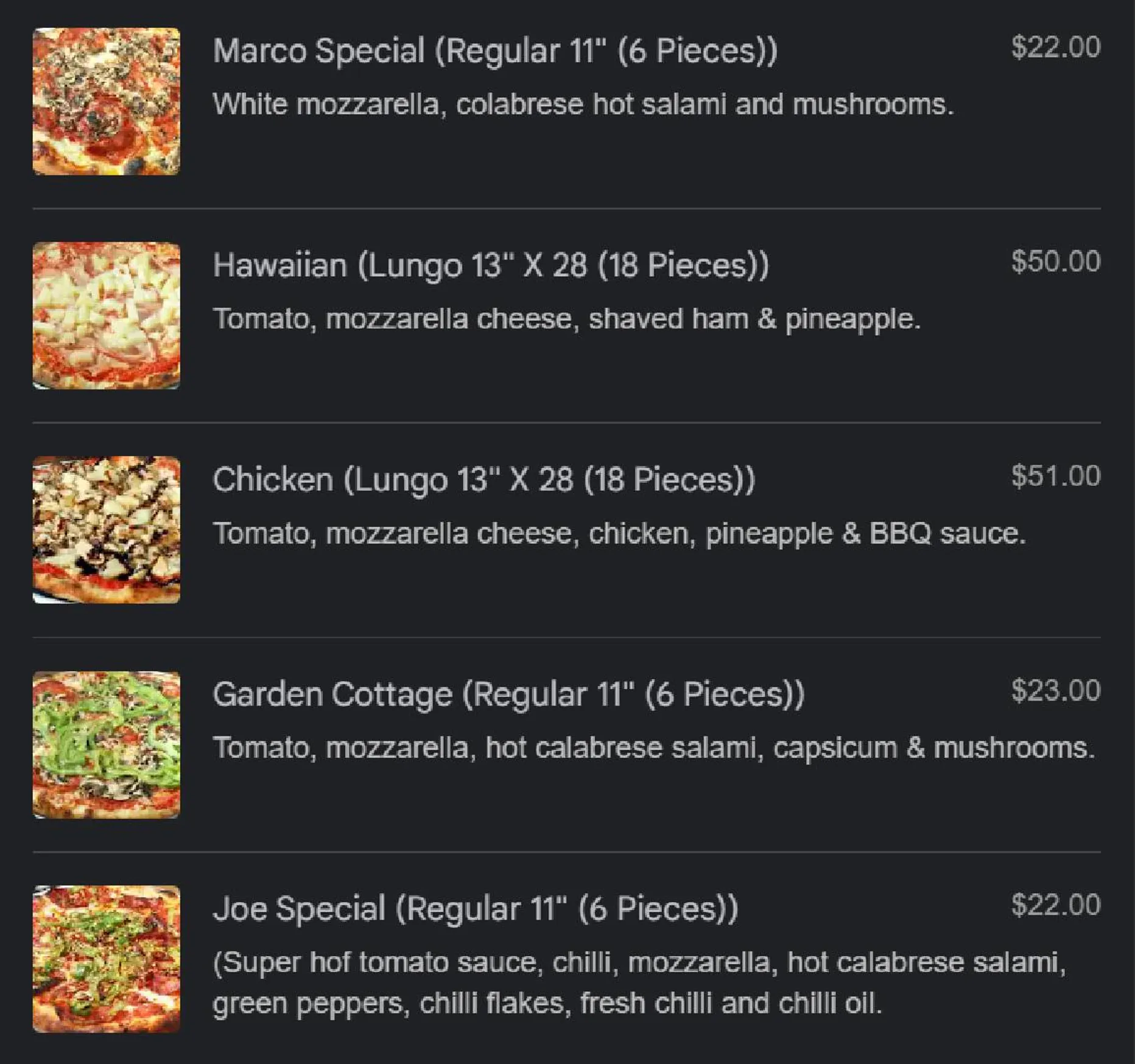 Queen Margherita Pizza menu, page 25