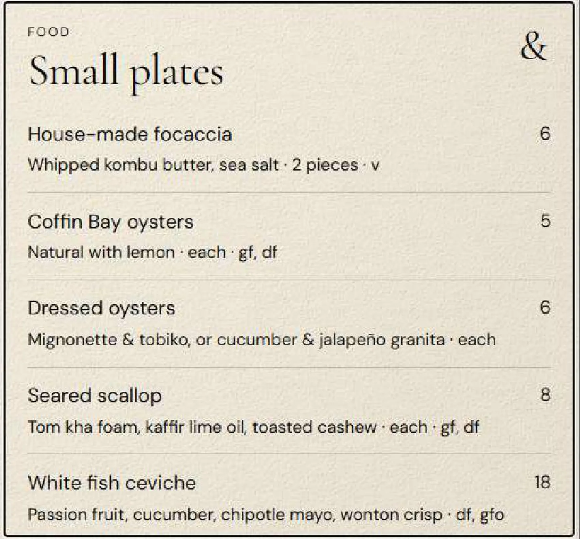 Wine & Larder menu, page 1
