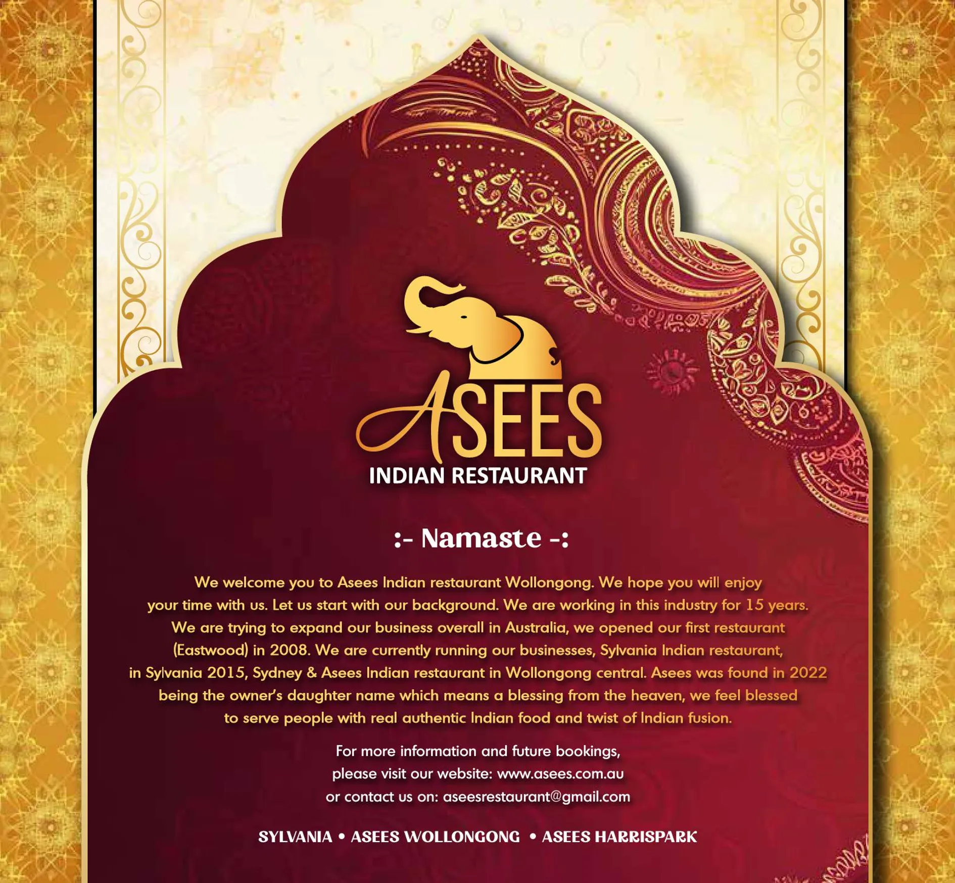 Asees Indian menu, page 1