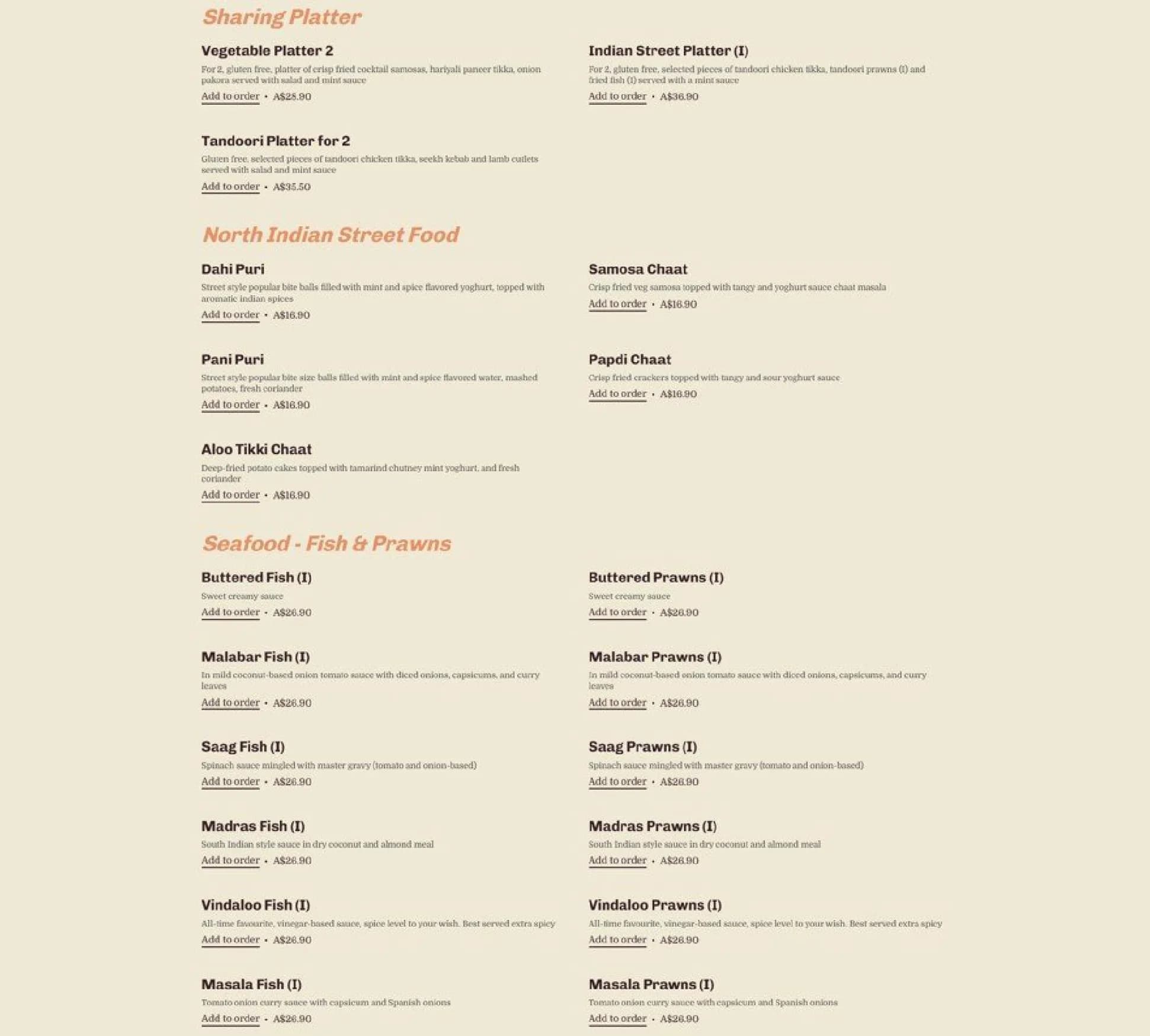 The Indian Street Restaurant menu, page 2