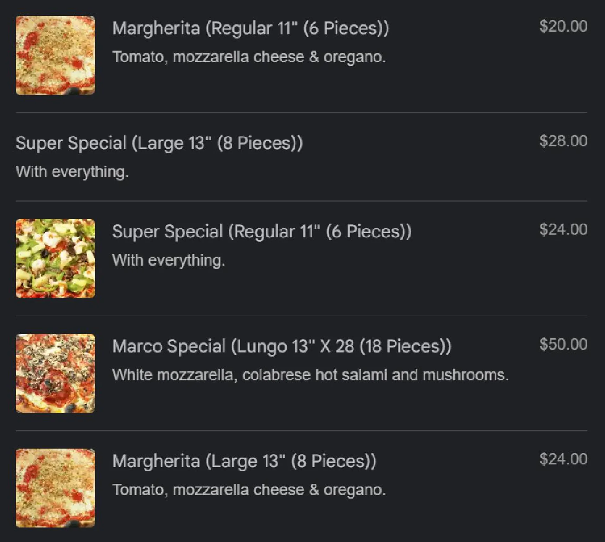Queen Margherita Pizza menu, page 19
