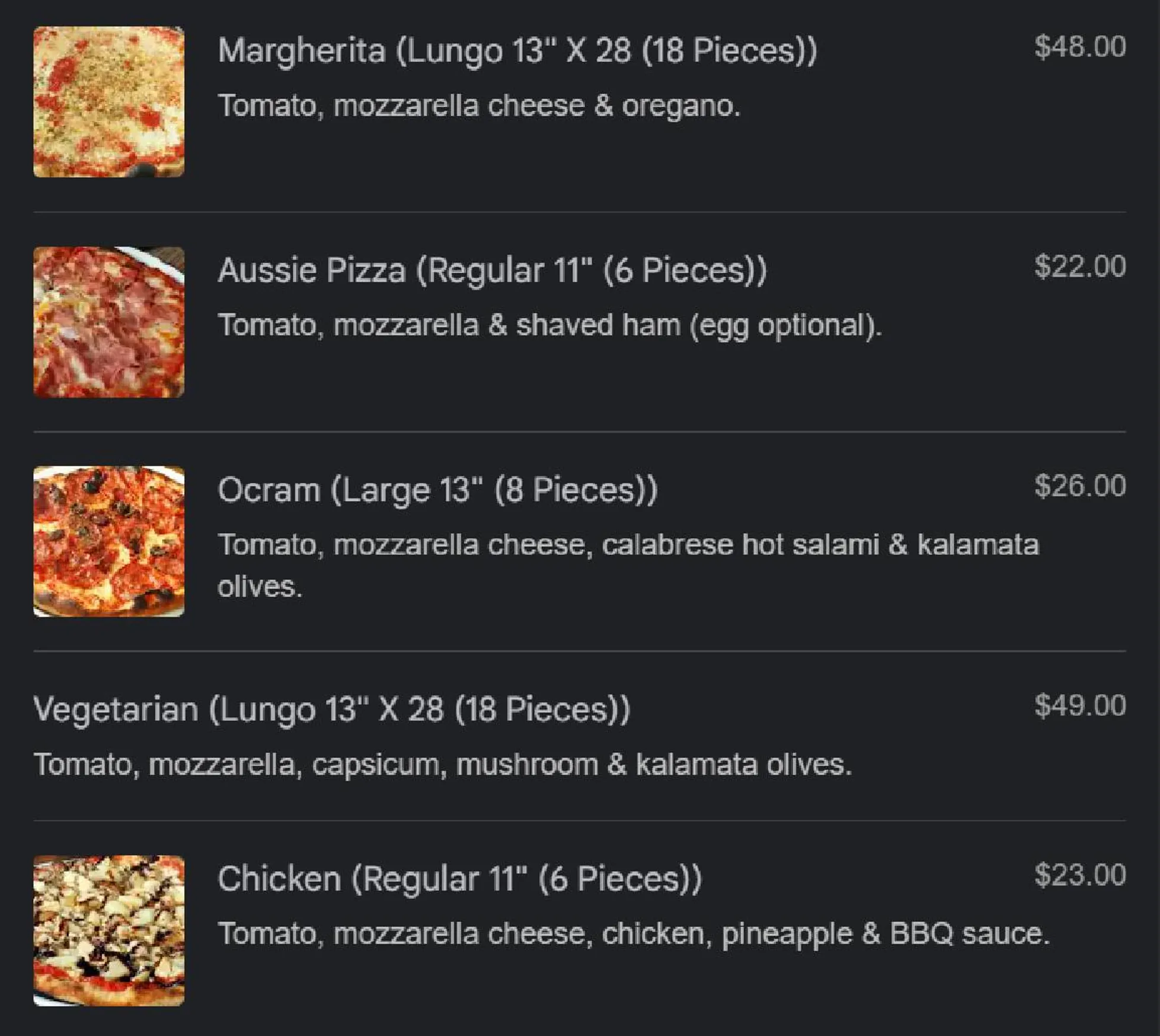 Queen Margherita Pizza menu, page 22