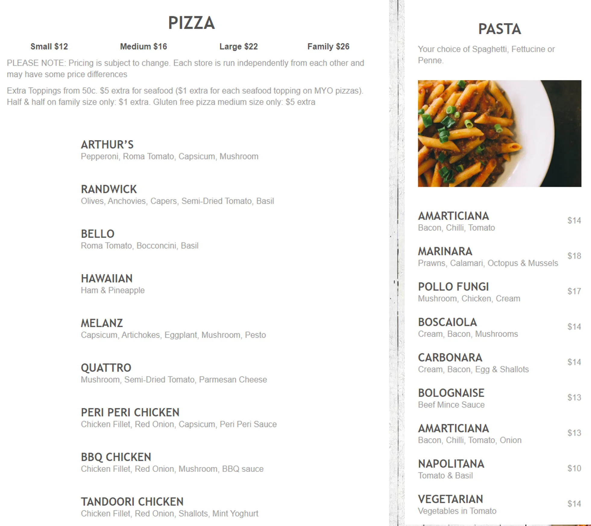 Arthur's Pizza Paddington menu, page 1