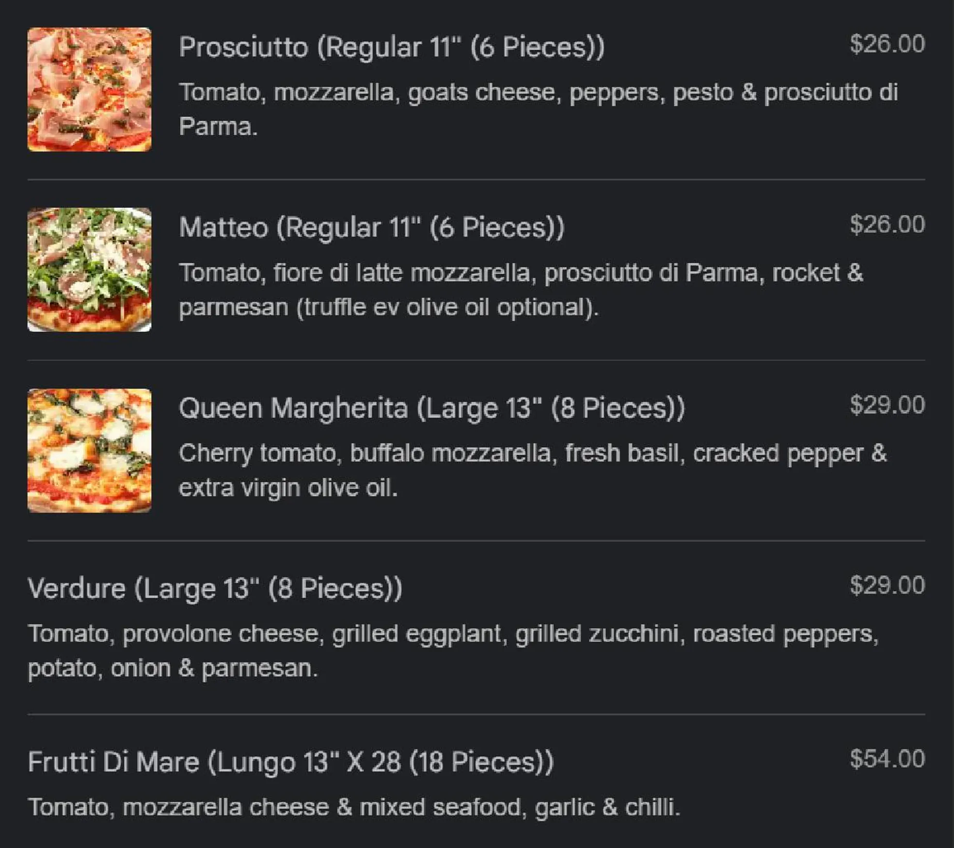 Queen Margherita Pizza menu, page 6