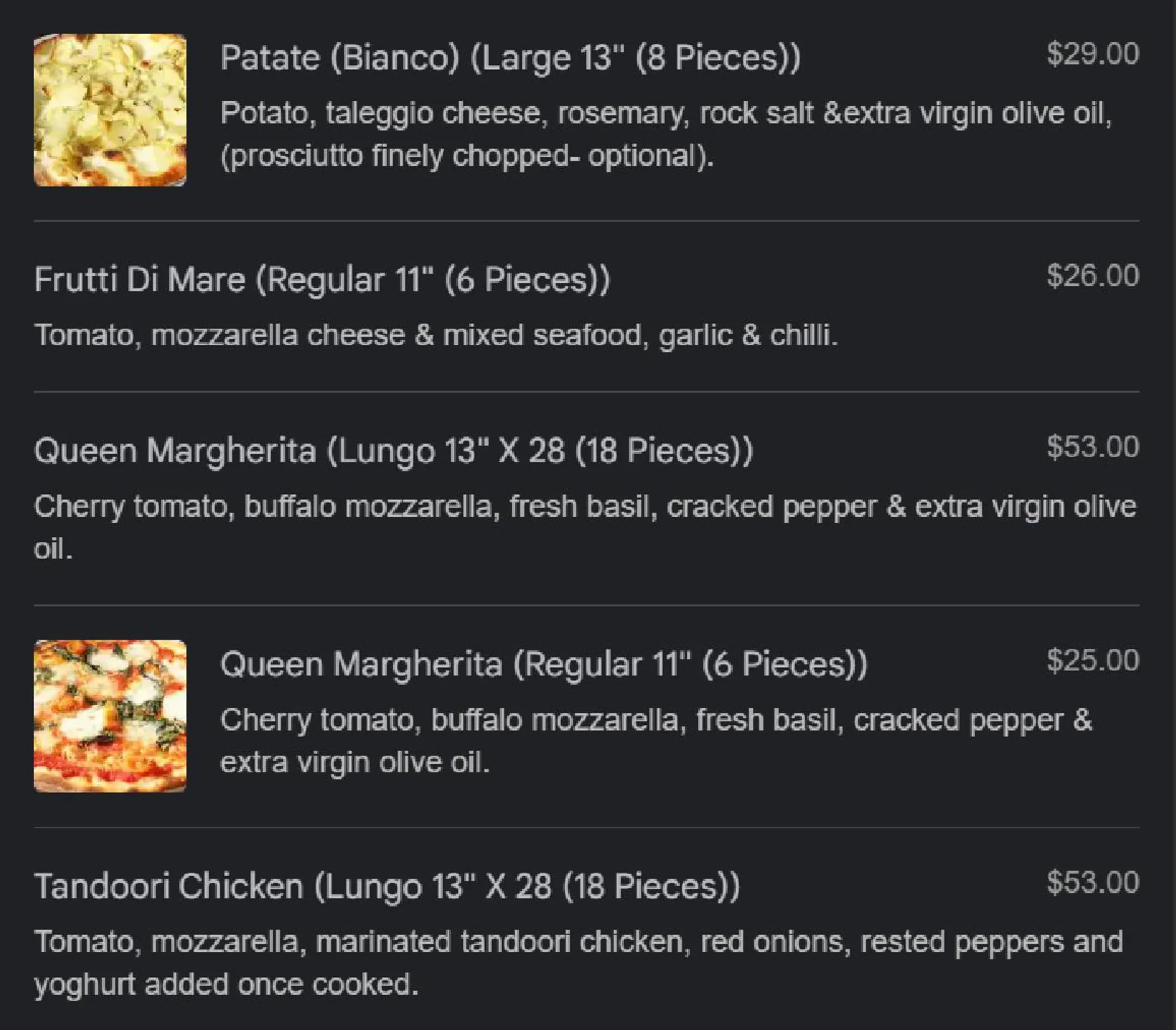 Queen Margherita Pizza menu, page 11