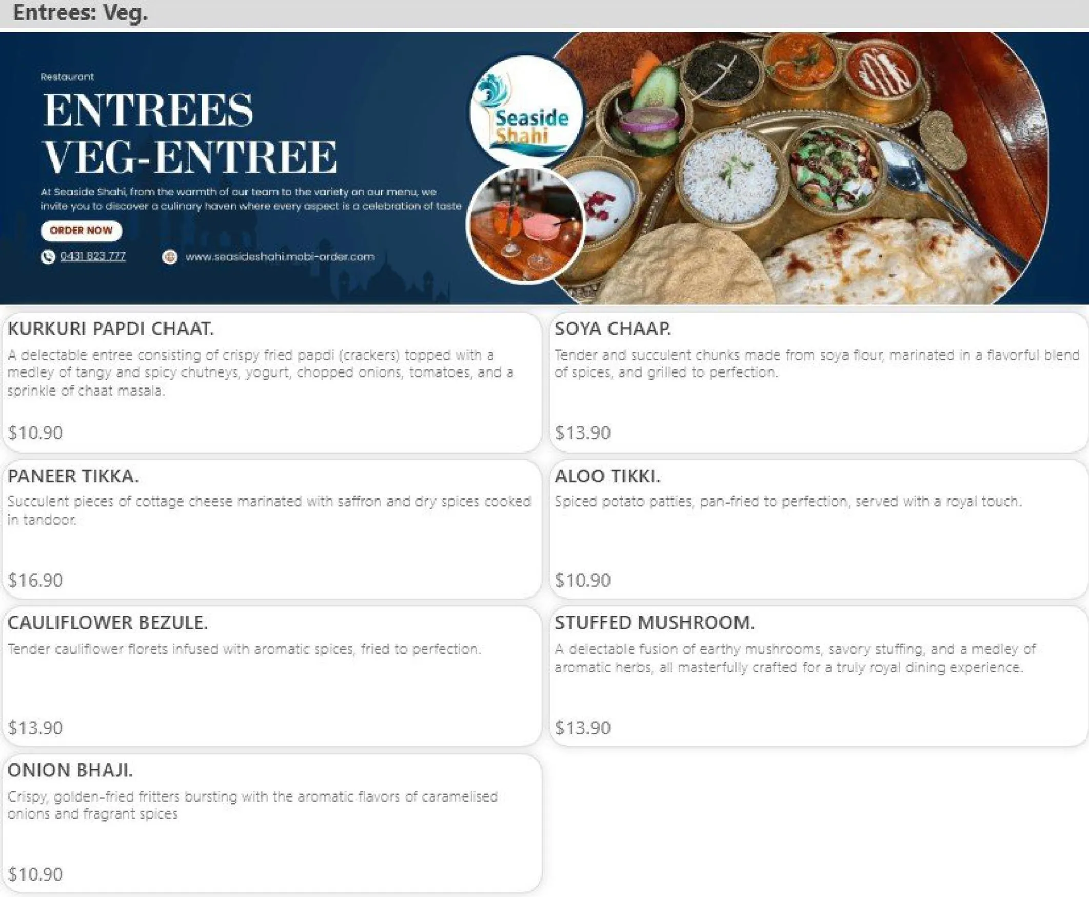 Seaside Shahi Indian Restaurant menu, page 1
