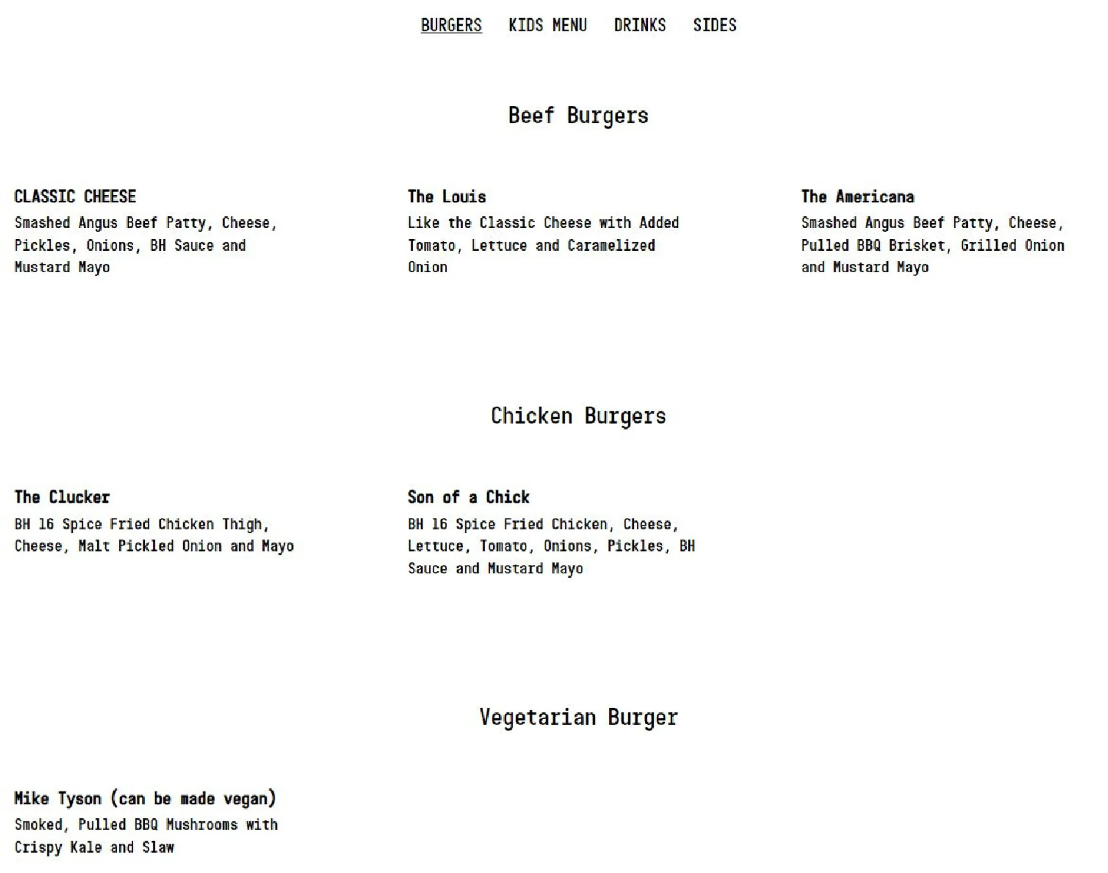 Burger Head Botany menu, page 1