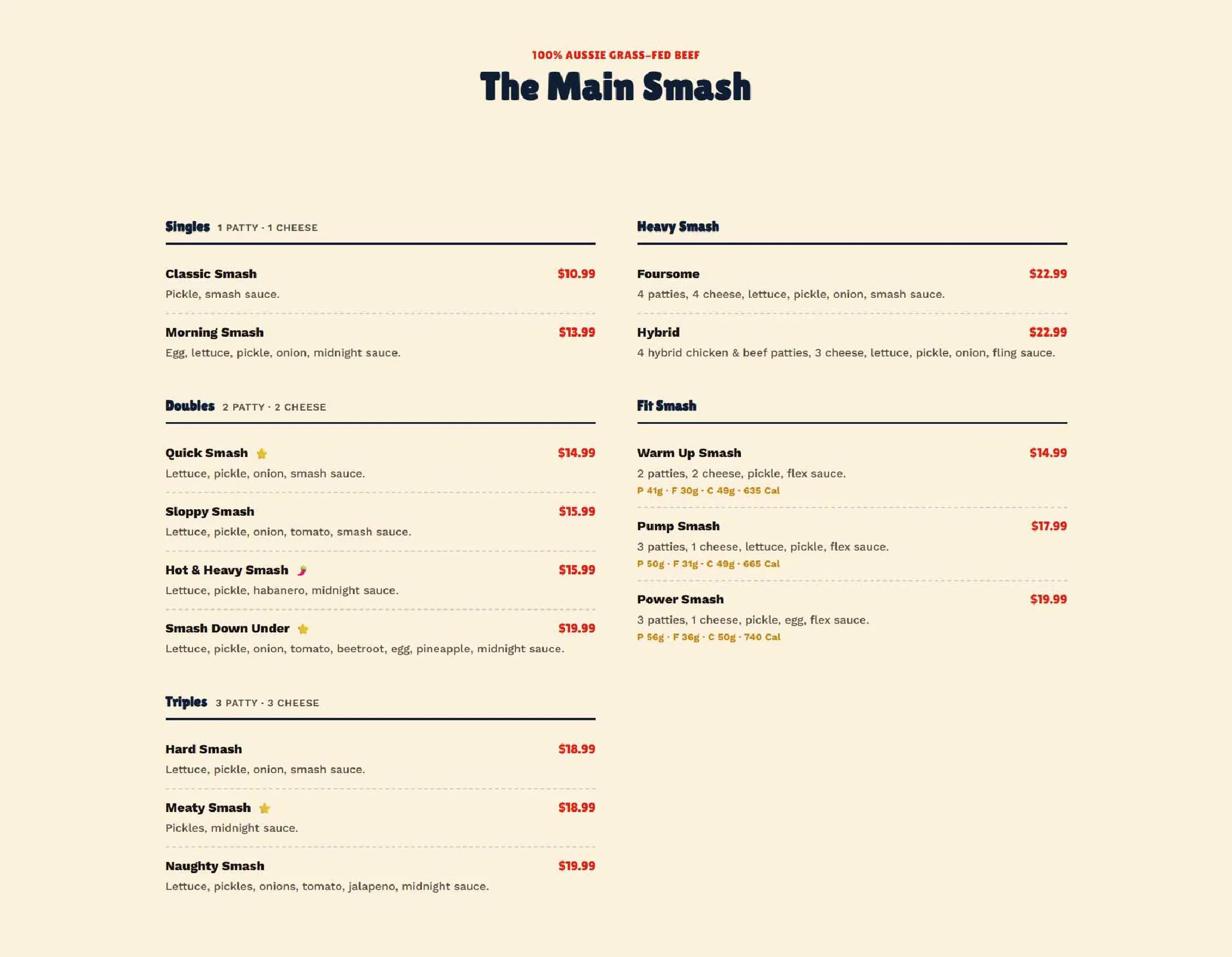 Joocy Smash menu, page 1