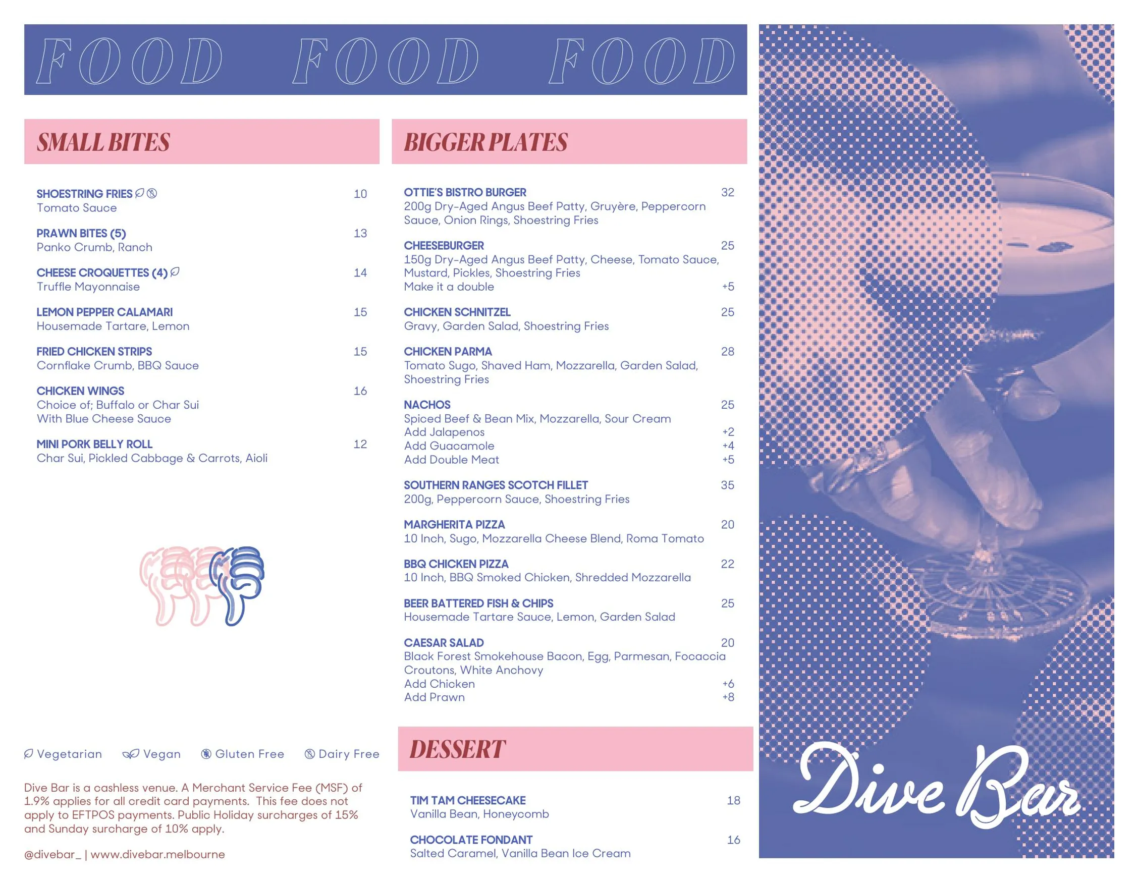 Dive Bar menu, page 1