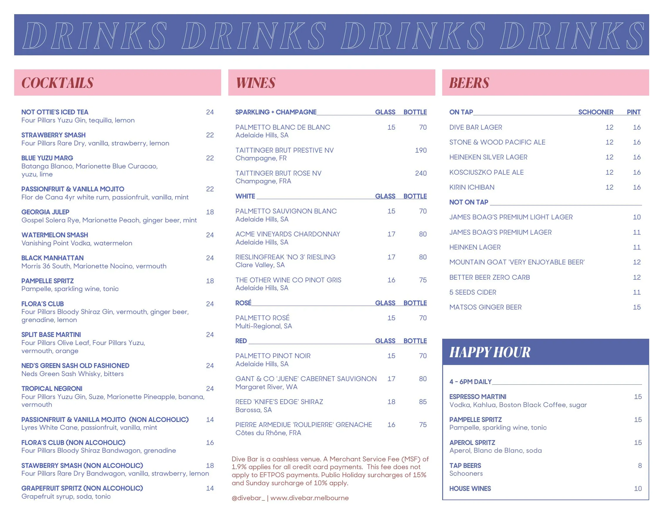 Dive Bar menu, page 2