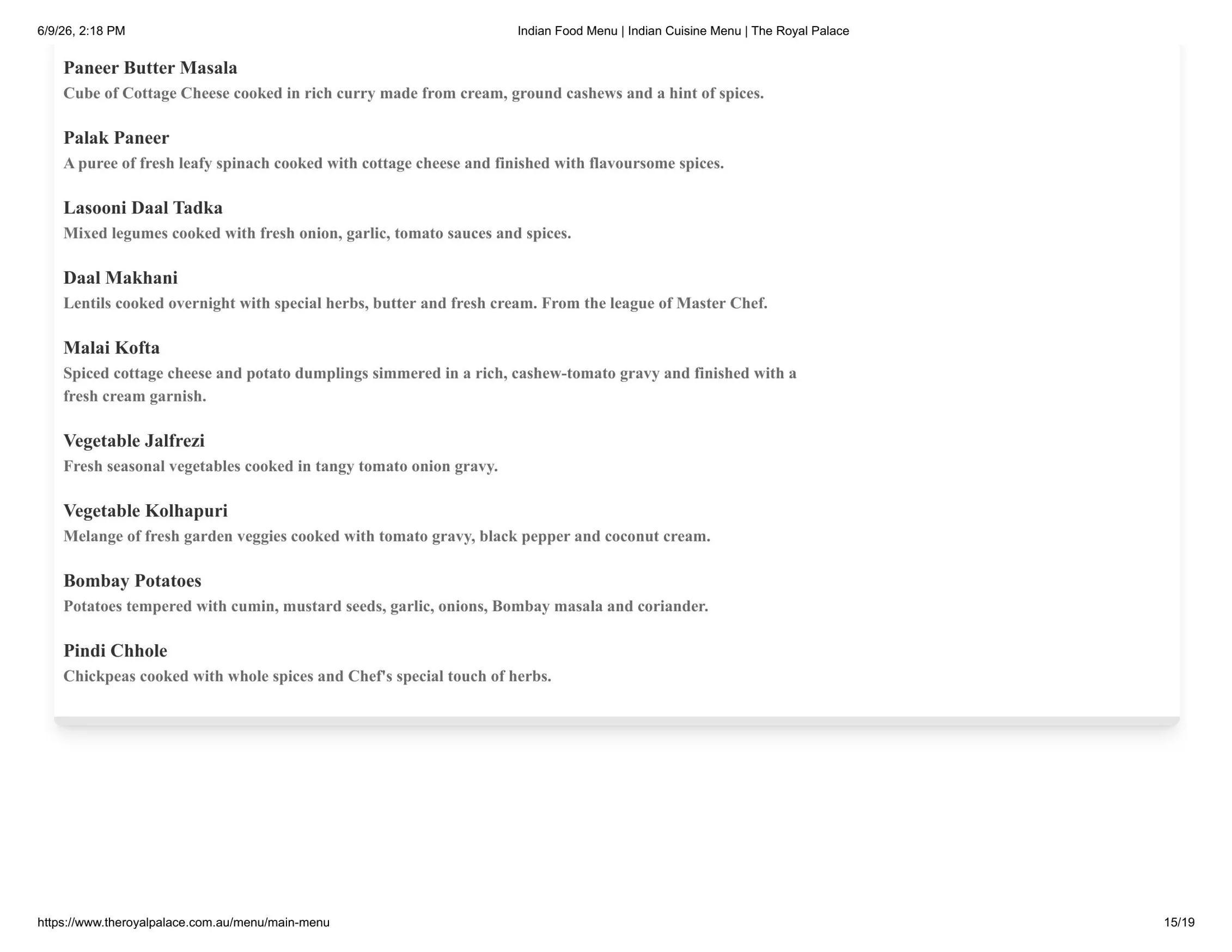 The Royal Palace - Terrigal menu, page 15