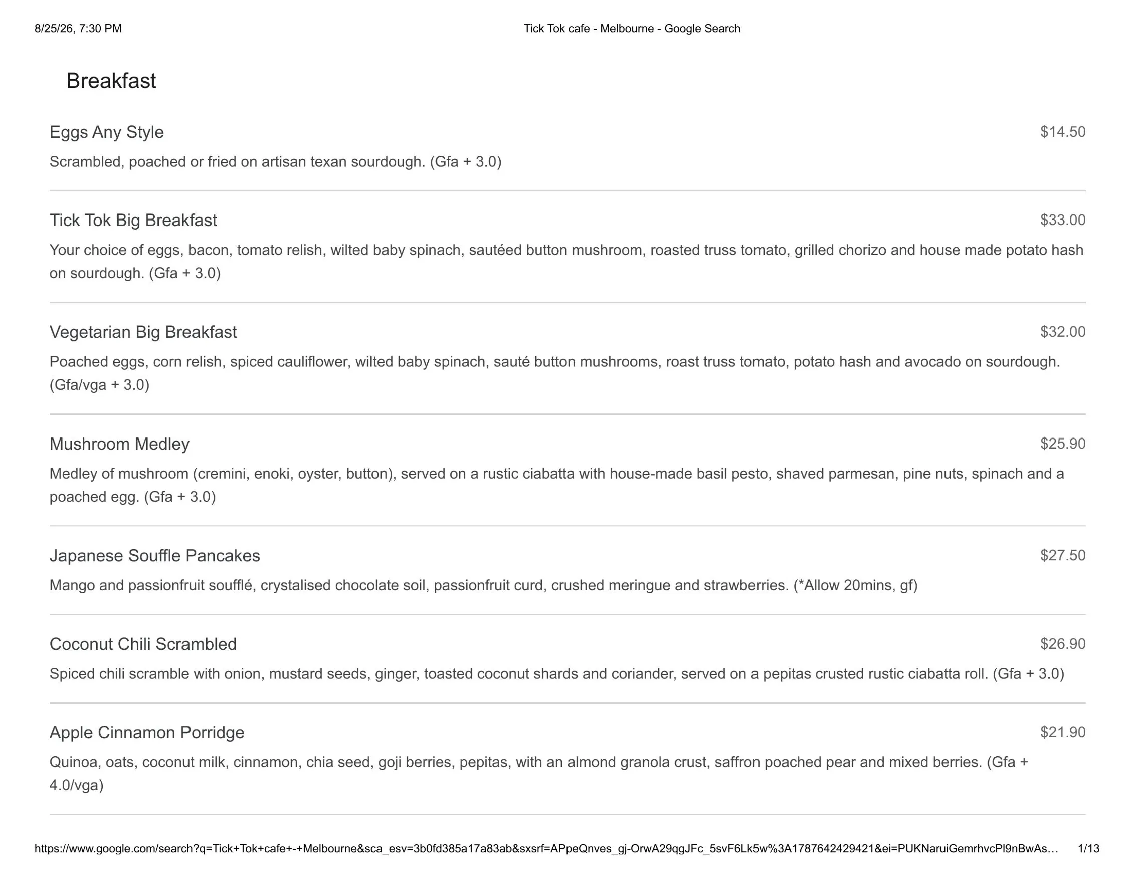 Tick Tok menu, page 1