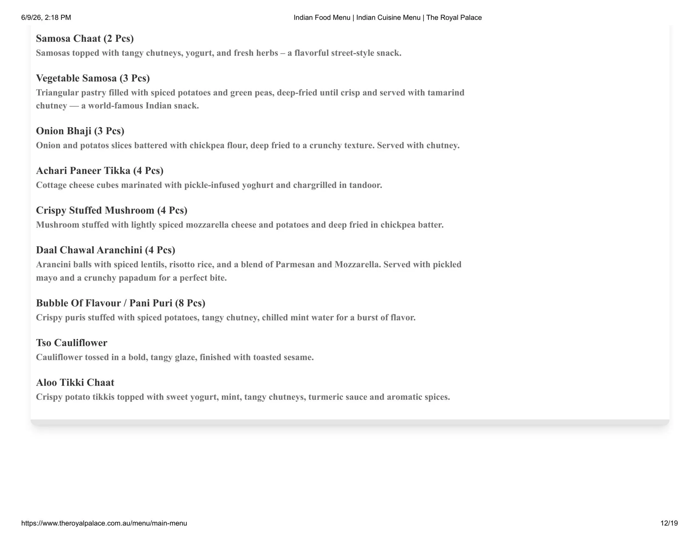 The Royal Palace - Terrigal menu, page 12