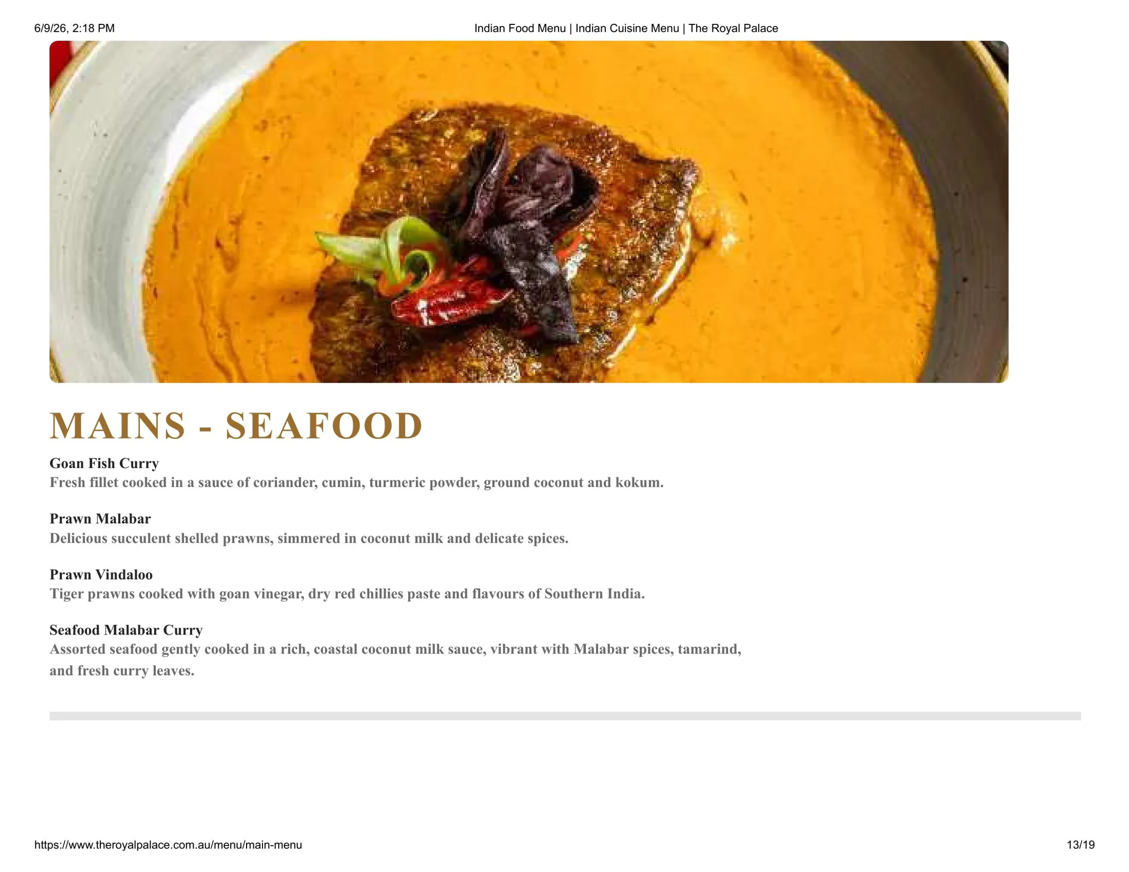 The Royal Palace - Terrigal menu, page 13