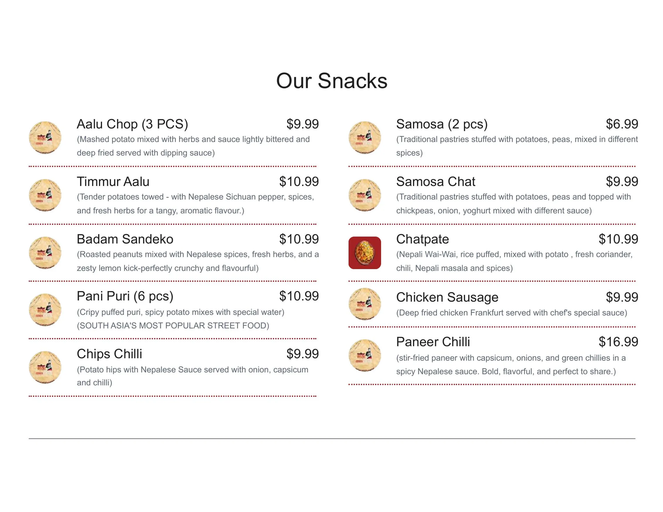 Maicha Nepalese Restaurant menu, page 1