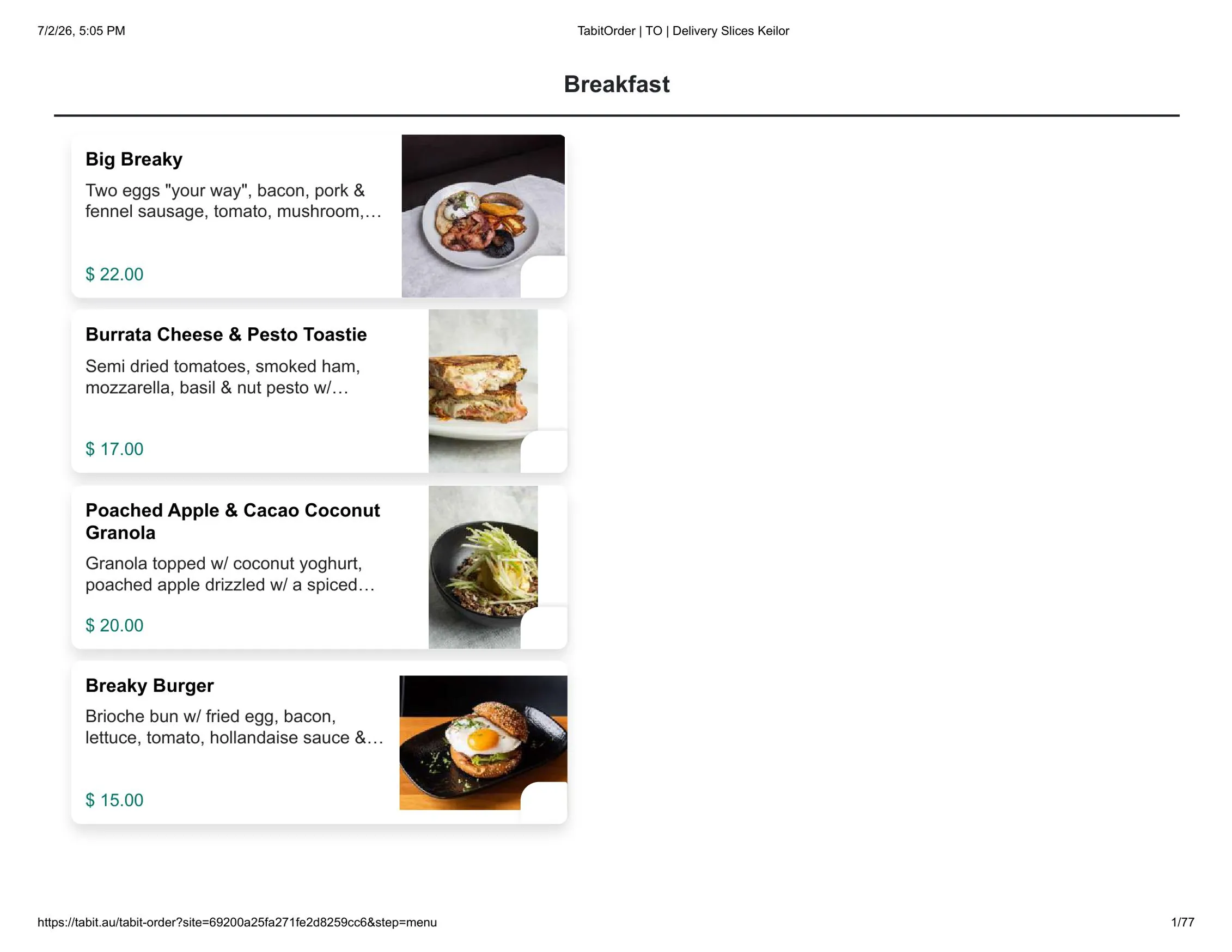 Slices Restaurant Keilor menu, page 1