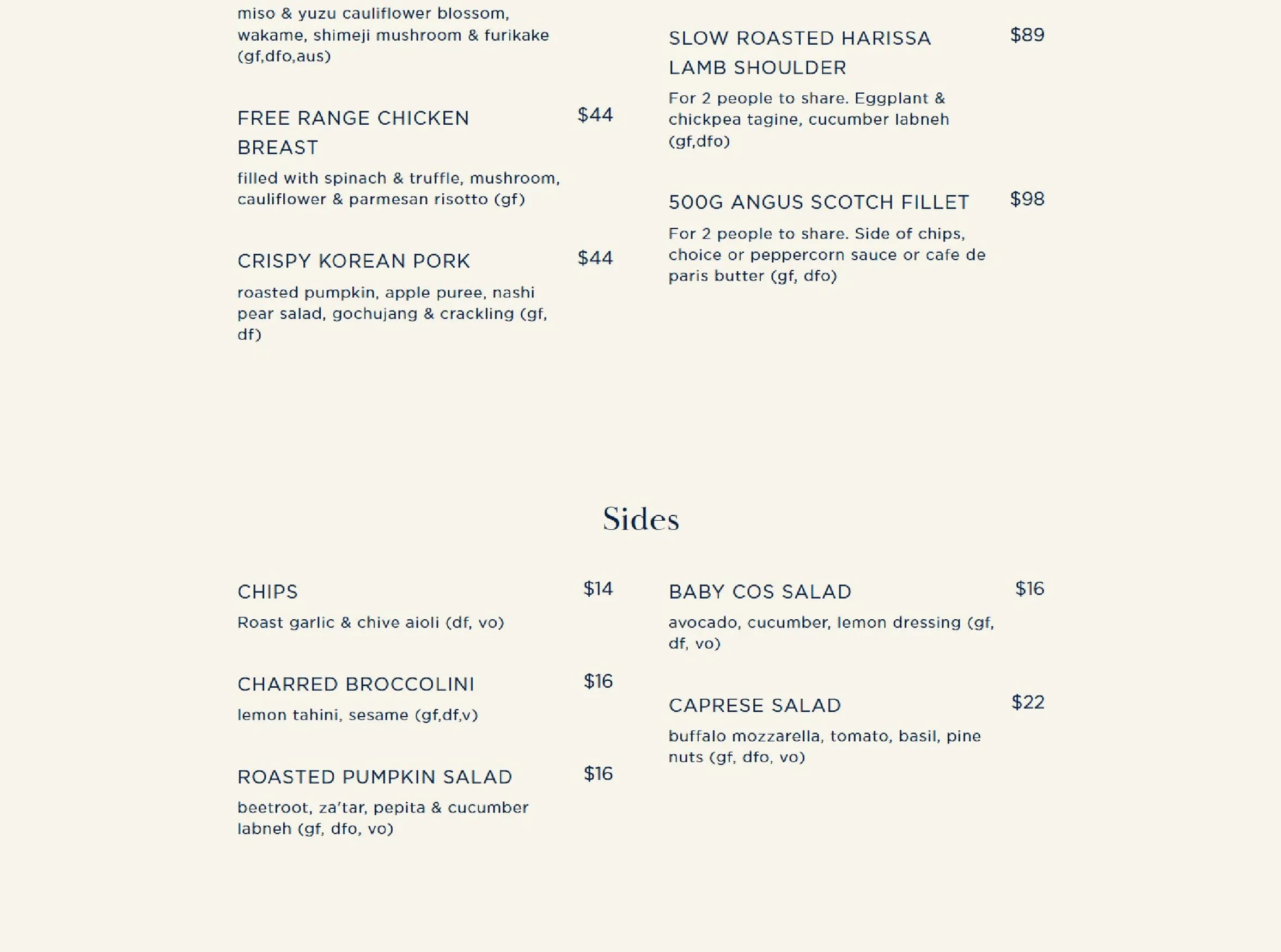 Swells menu, page 2