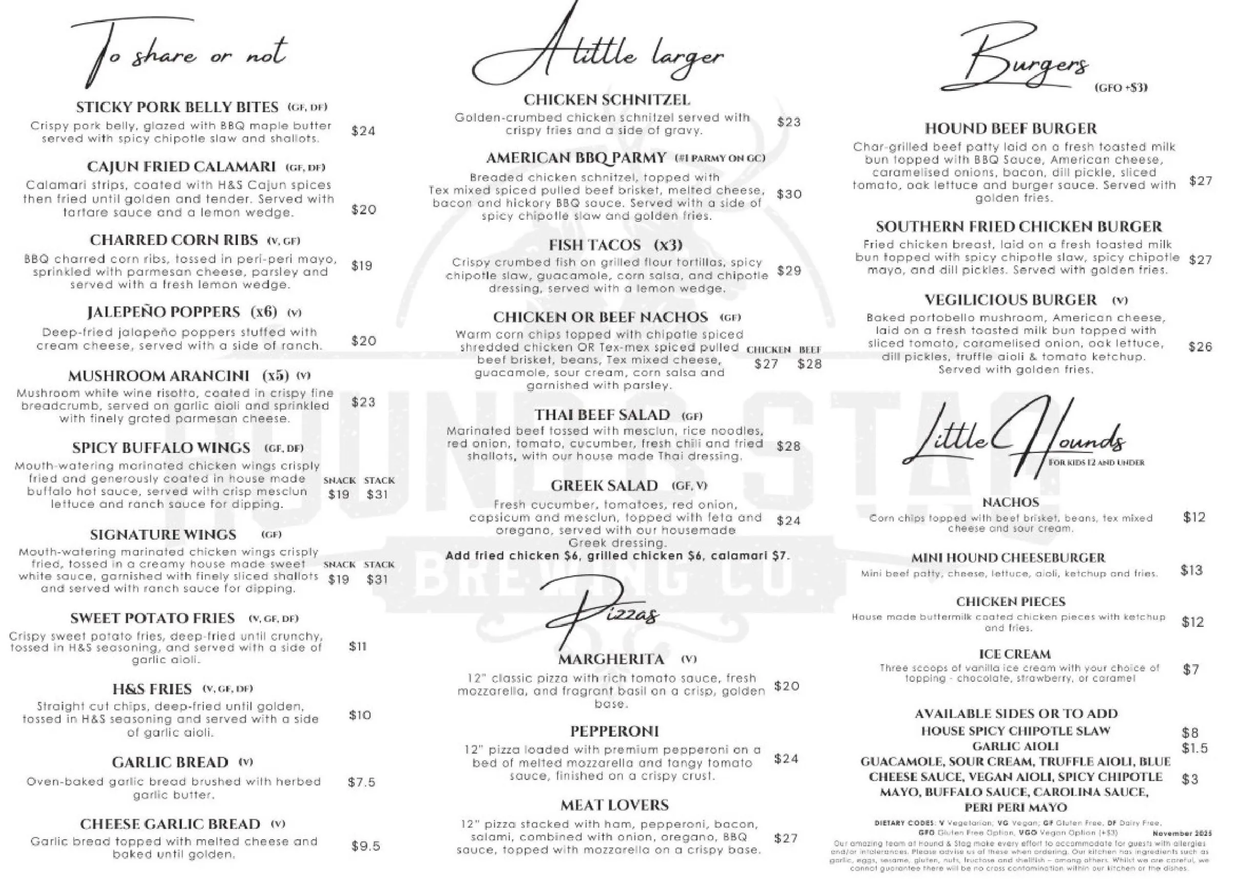 Hound and Stag Brewing Co menu, page 1