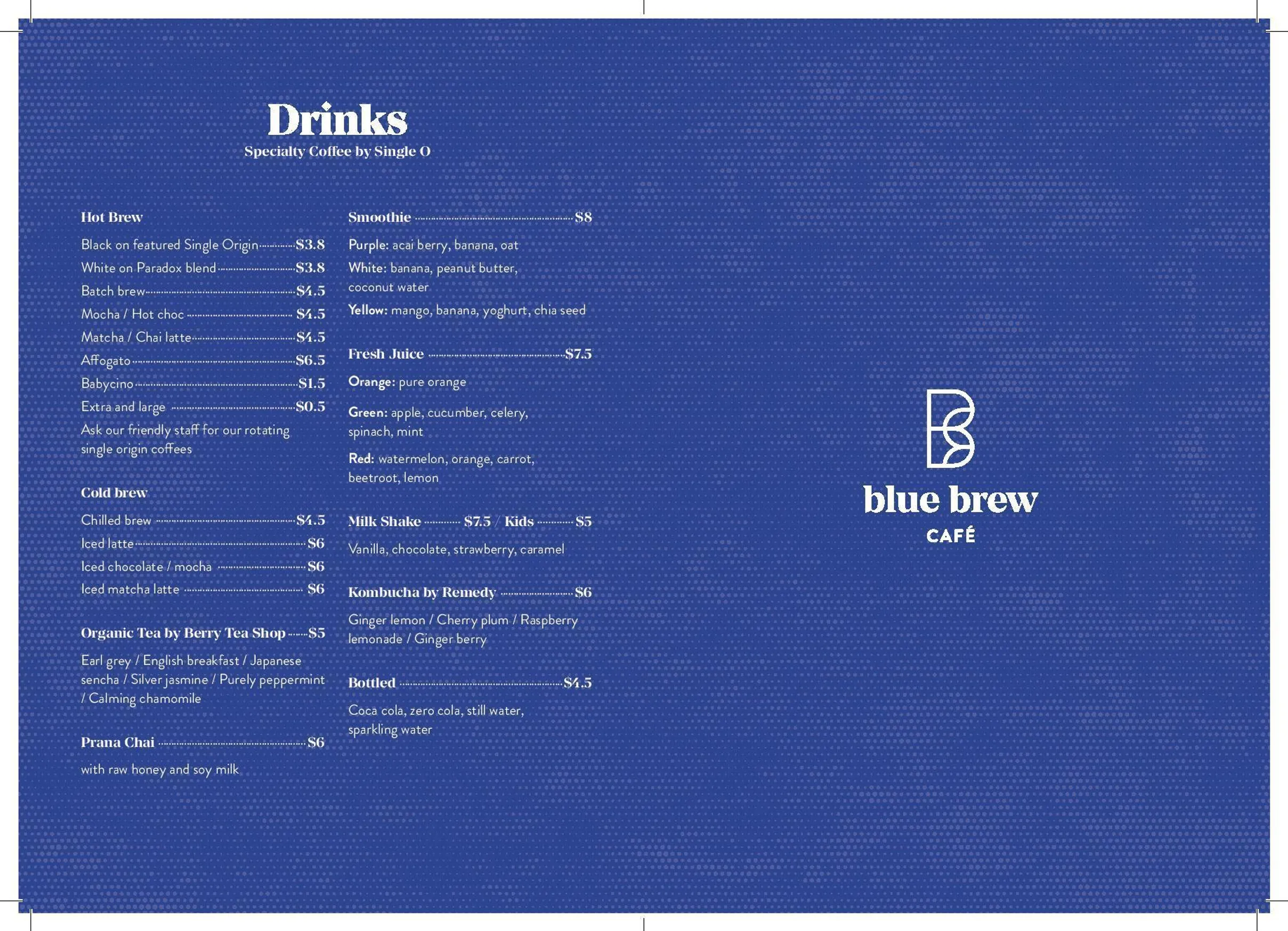 Blue Brew Cafe menu, page 2