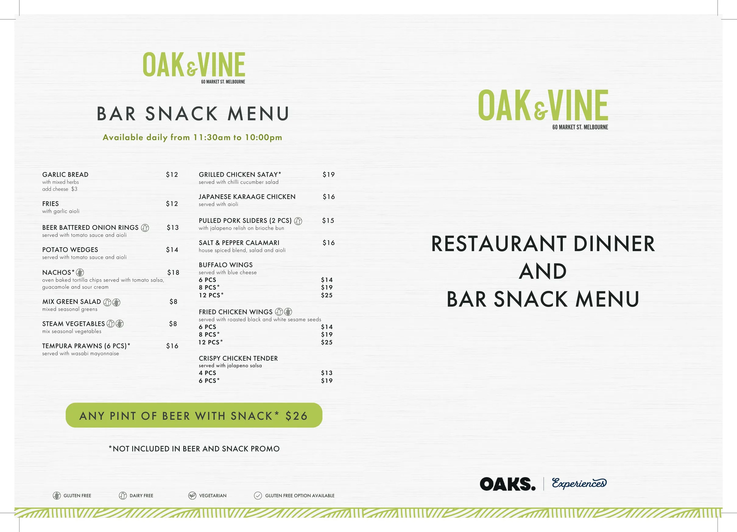 Oak & Vine - Oaks Hotel Melbourne CBD menu, page 1
