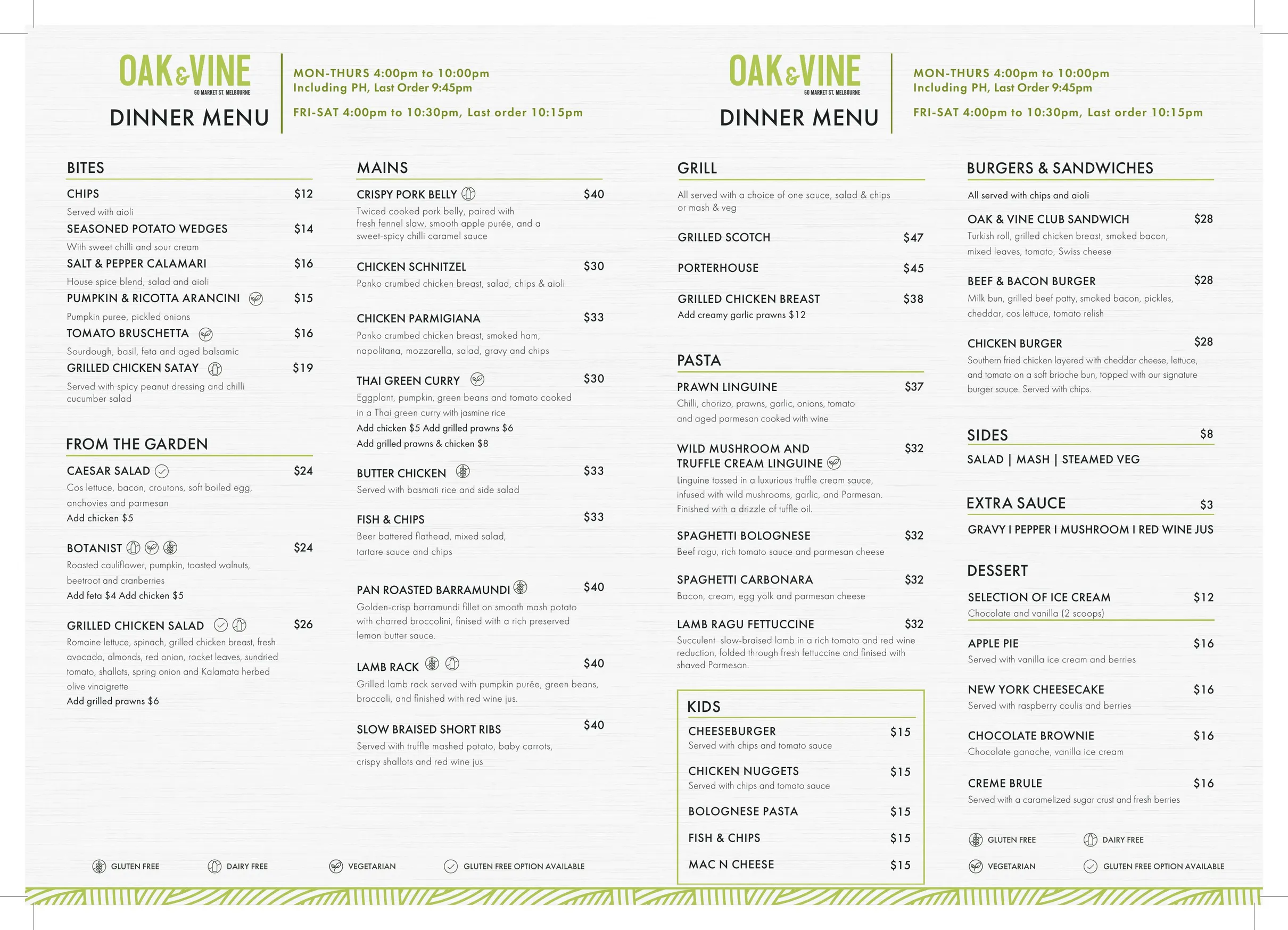 Oak & Vine - Oaks Hotel Melbourne CBD menu, page 2