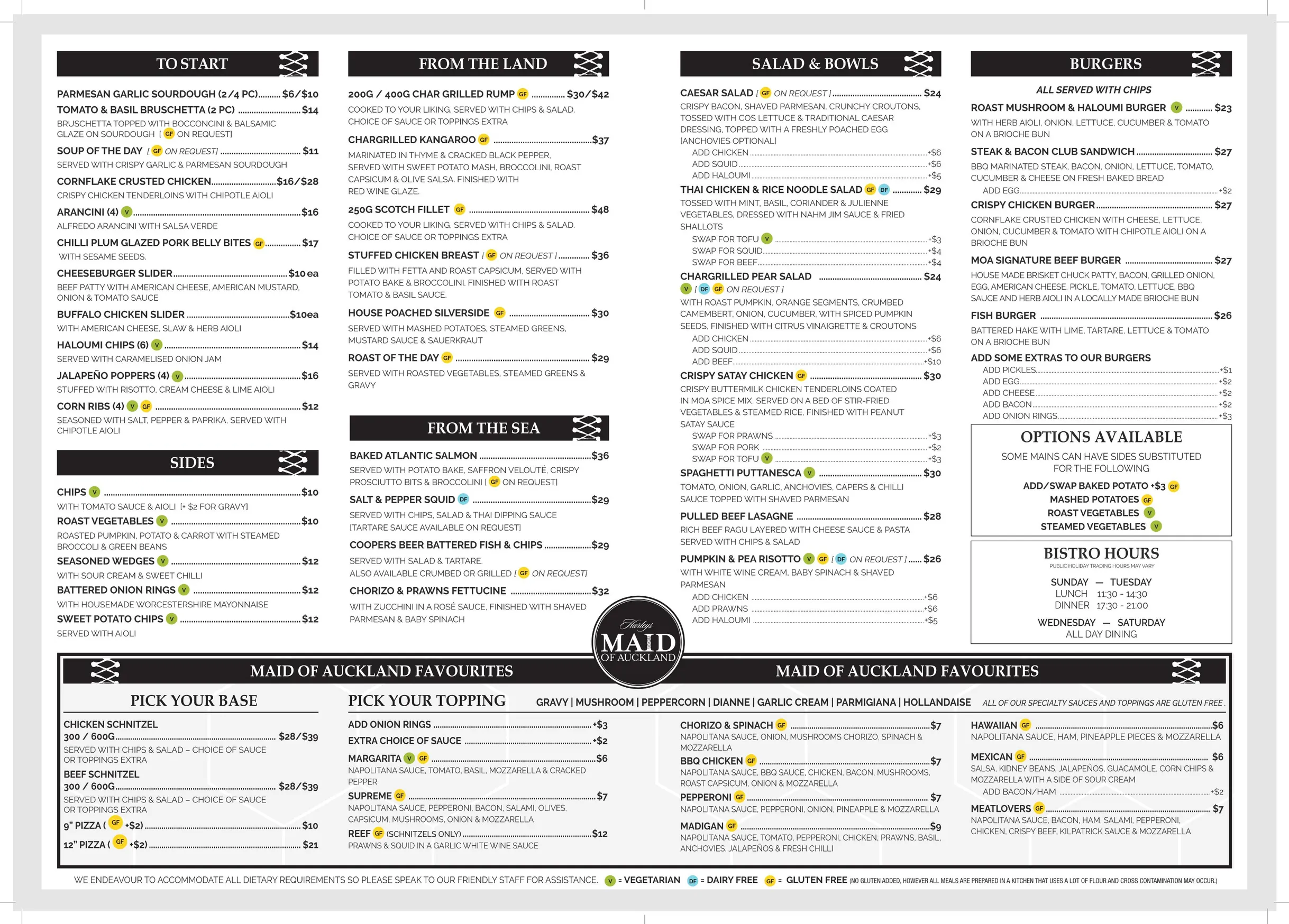 Maid of Auckland menu, page 1