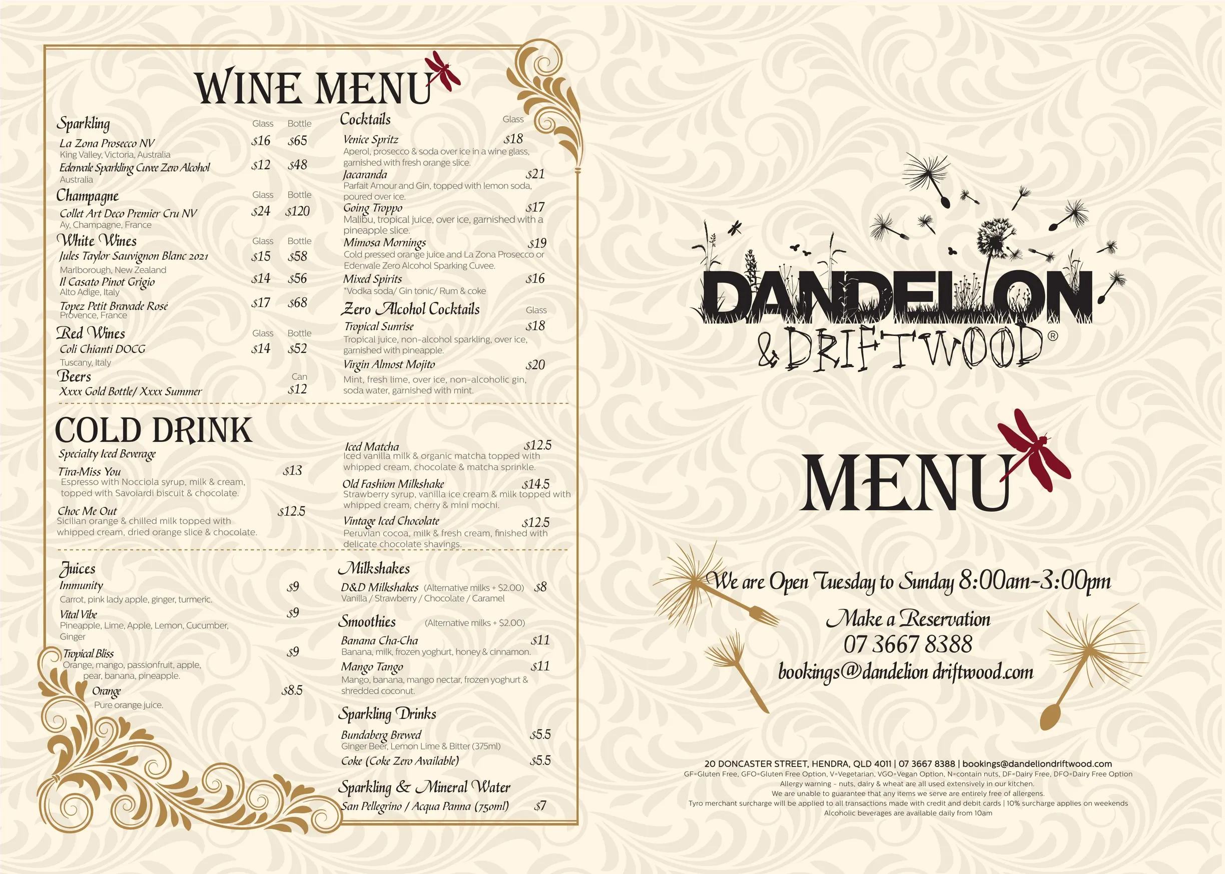 Dandelion & Driftwood menu, page 1