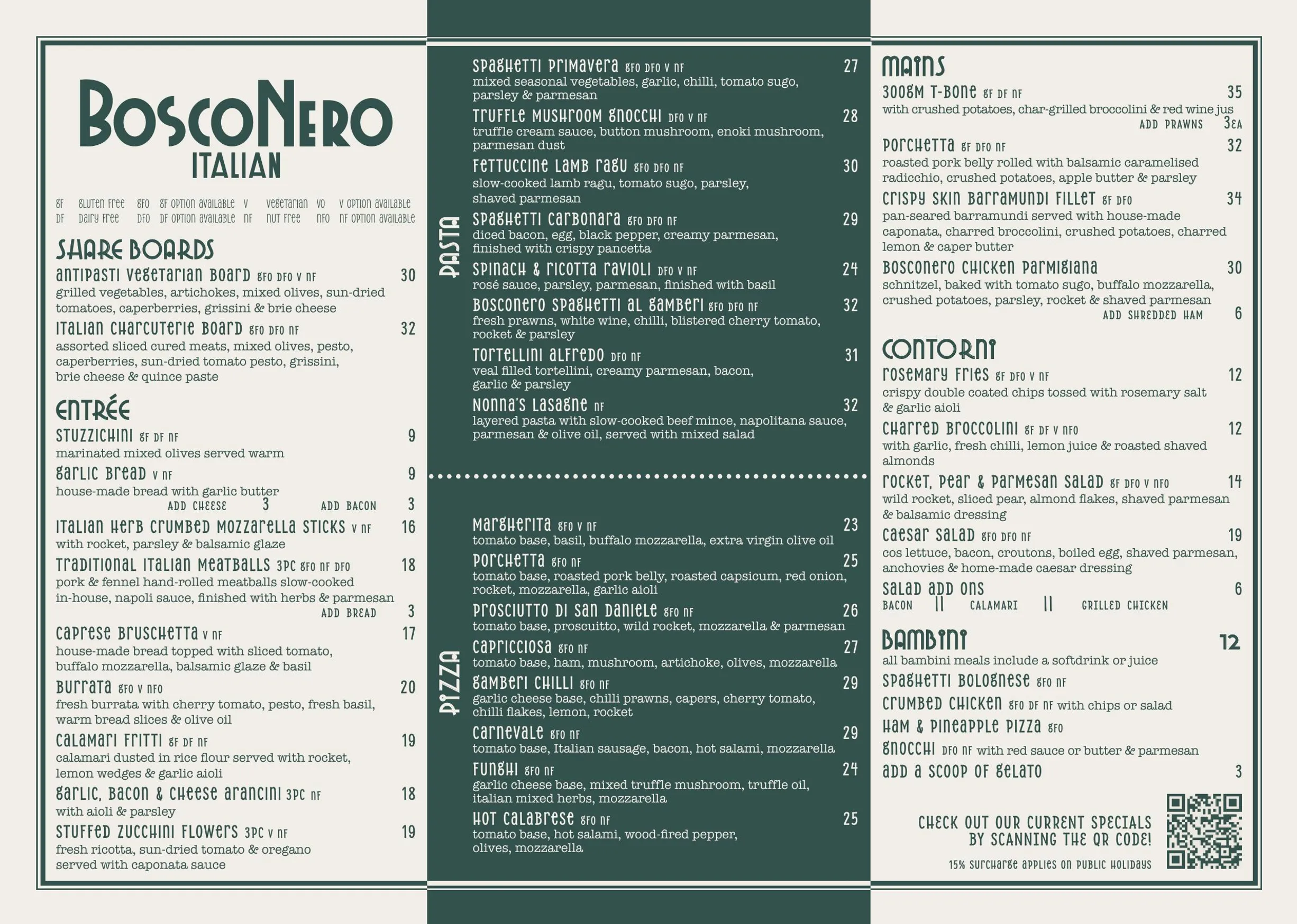 BoscoNero Italian menu, page 1