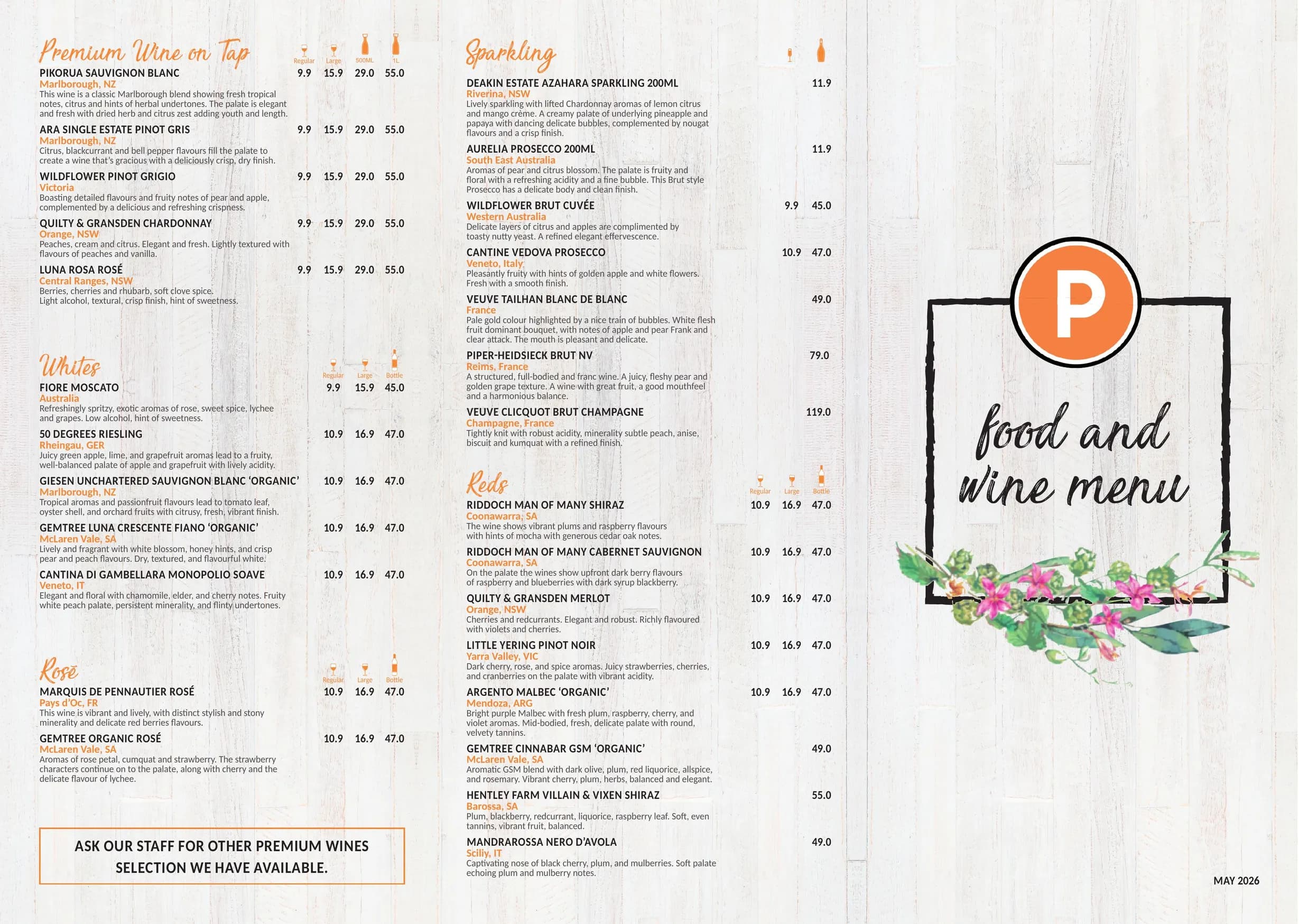 The Pavilions Hotel Terranora menu, page 1